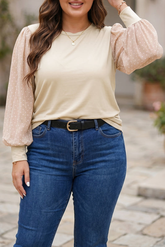 Parchment Polka Dot Long Sleeve Round Neck Plus Size Blouse