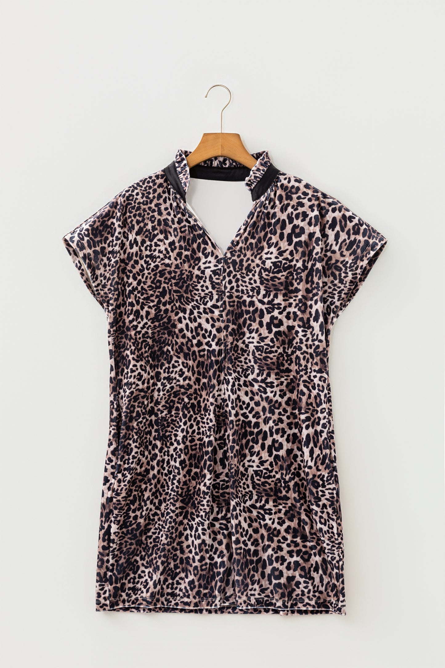 Brown Leopard Print Short Sleeve Mini Shift Silhouette Dress