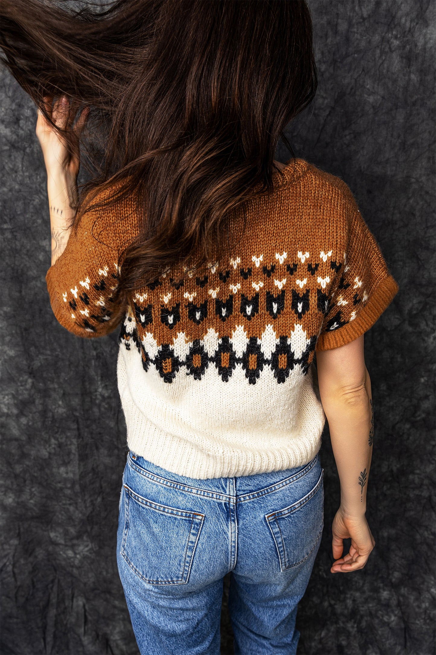 Brown V Neck Short Sleeve Geometric Print Western Style Knit Tee
