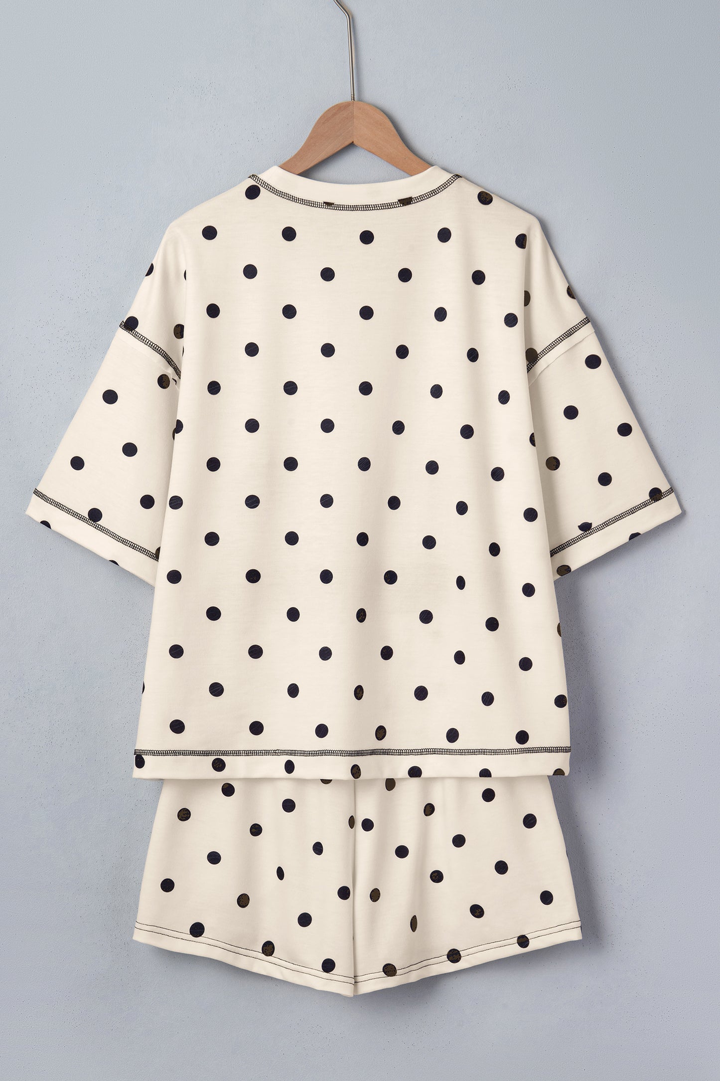 White Exposed Seam Detail Polka Dot Loose Tee Drawstring Shorts Set