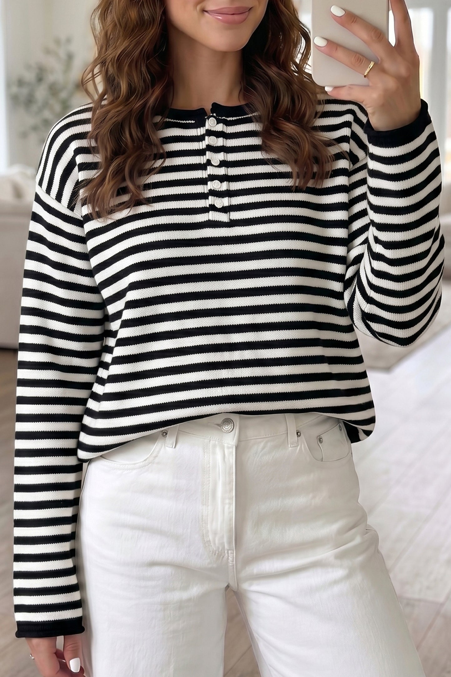 Pink Stripe Striped Button Placket Drop Shoulder Long Sleeve Sweater