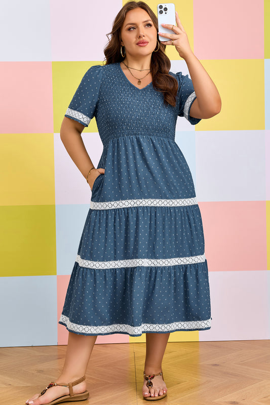 Dusk Blue Plus Size V Neck Swiss Dot Lace Patchwork Detail Flared Midi Dress