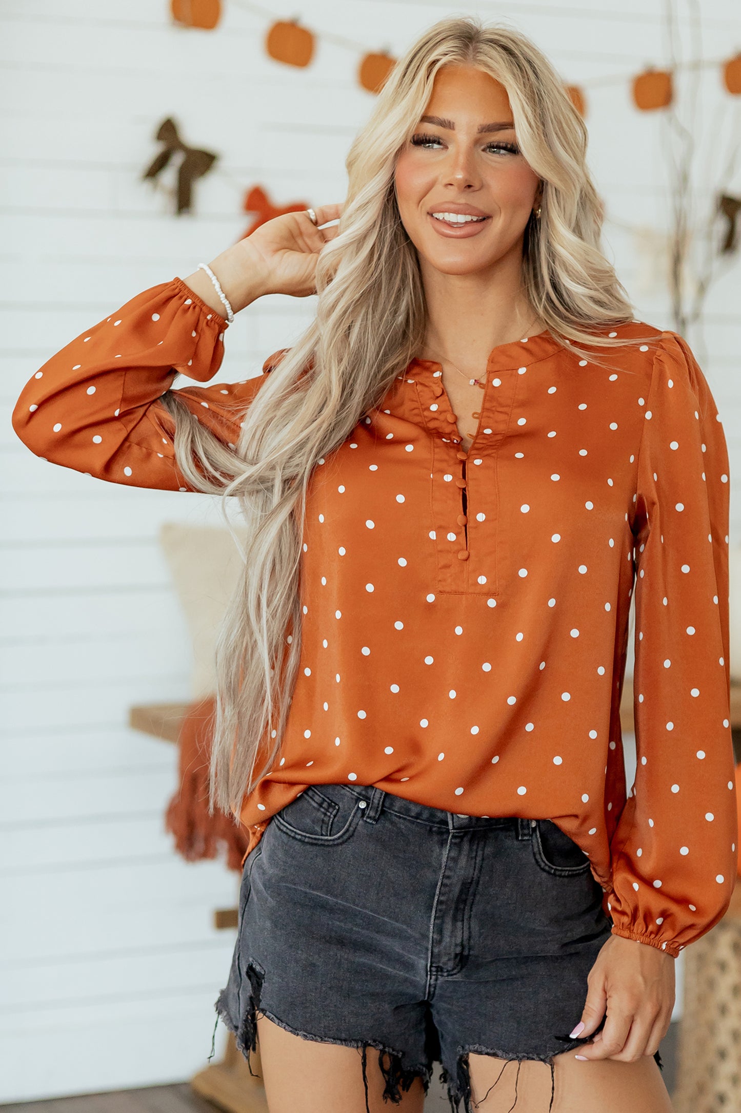 Brown Polka Dot Half Button V Neck Long Sleeve Blouse