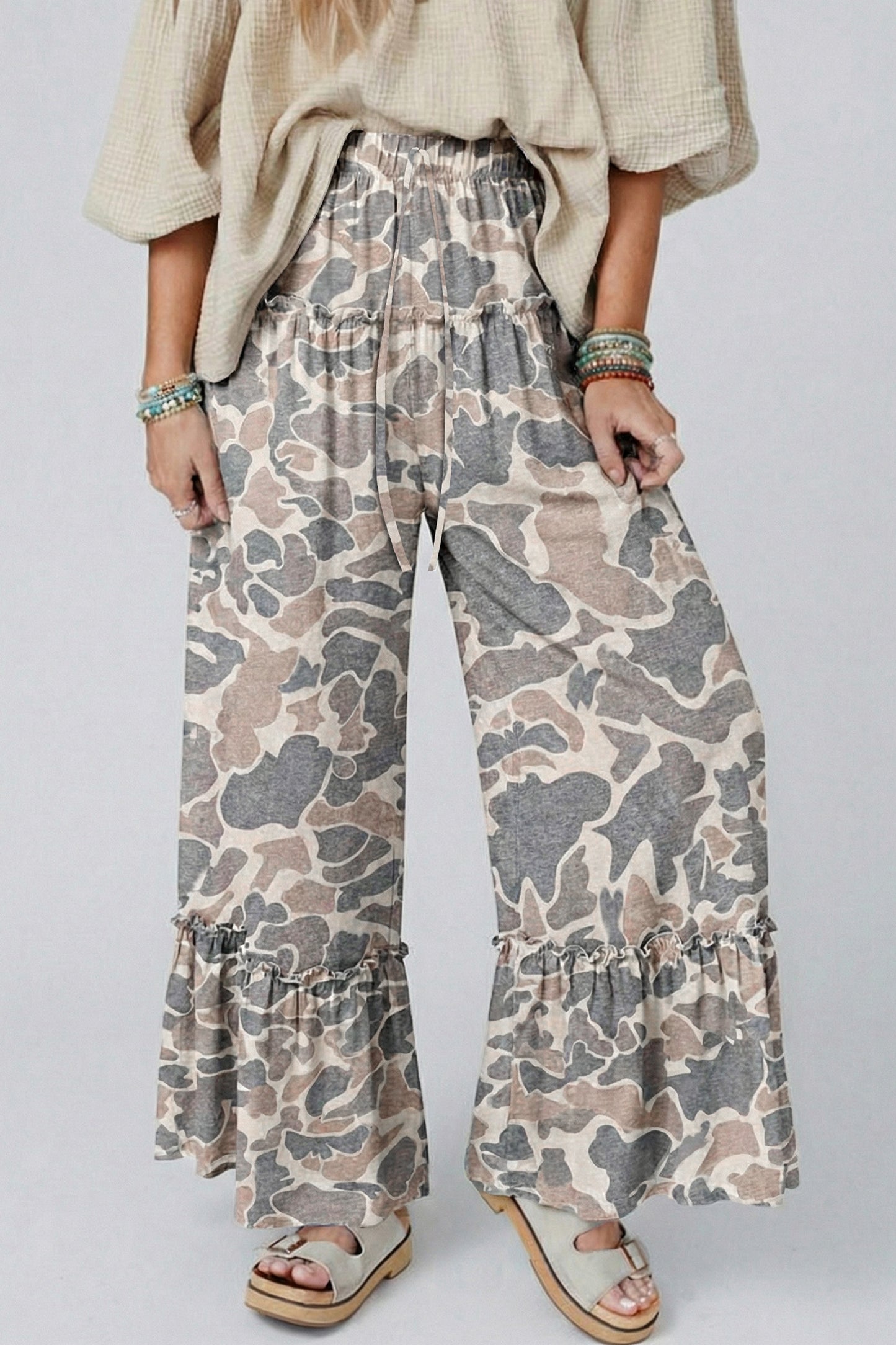 Multicolour Camo Print Wide Leg Casual Pants