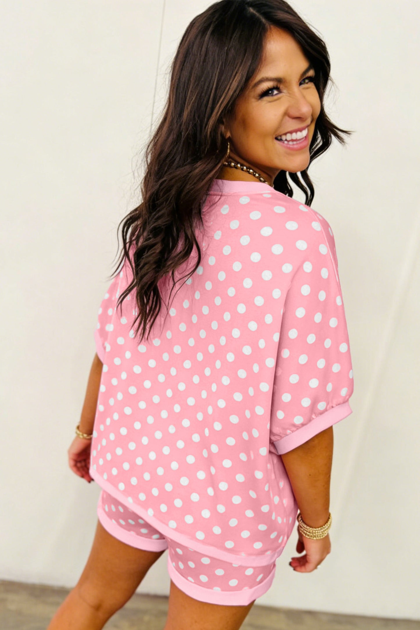 Beige Polka Dot Oversized Top Drawstring Short Set