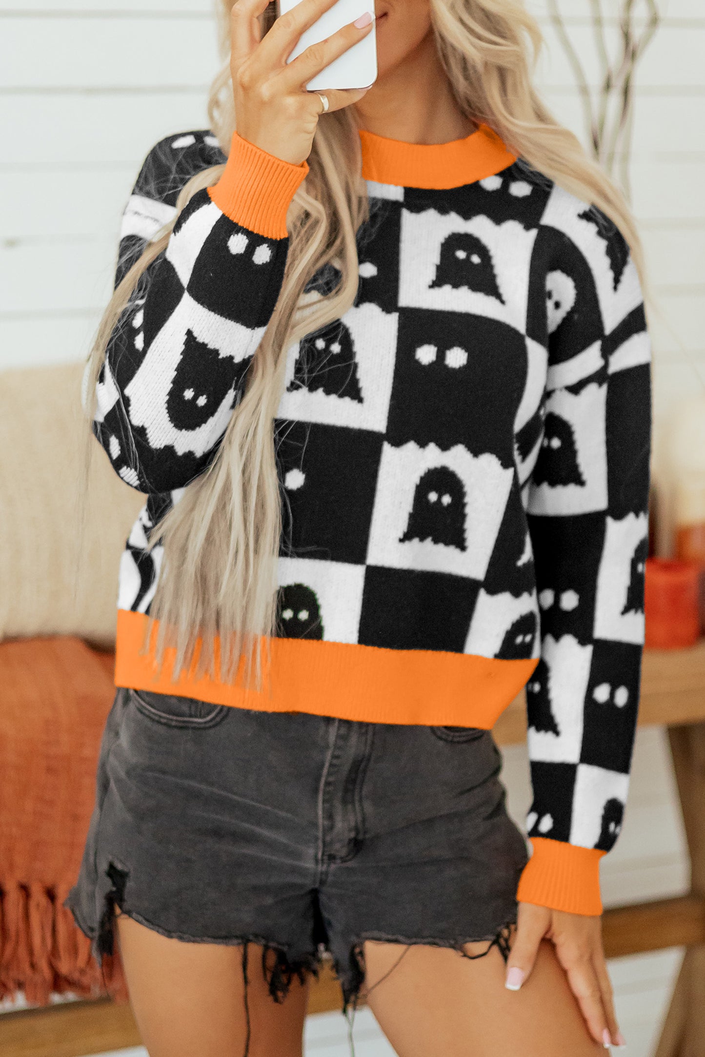 Black High Neck Drop Shoulder Geometric Print Sweater