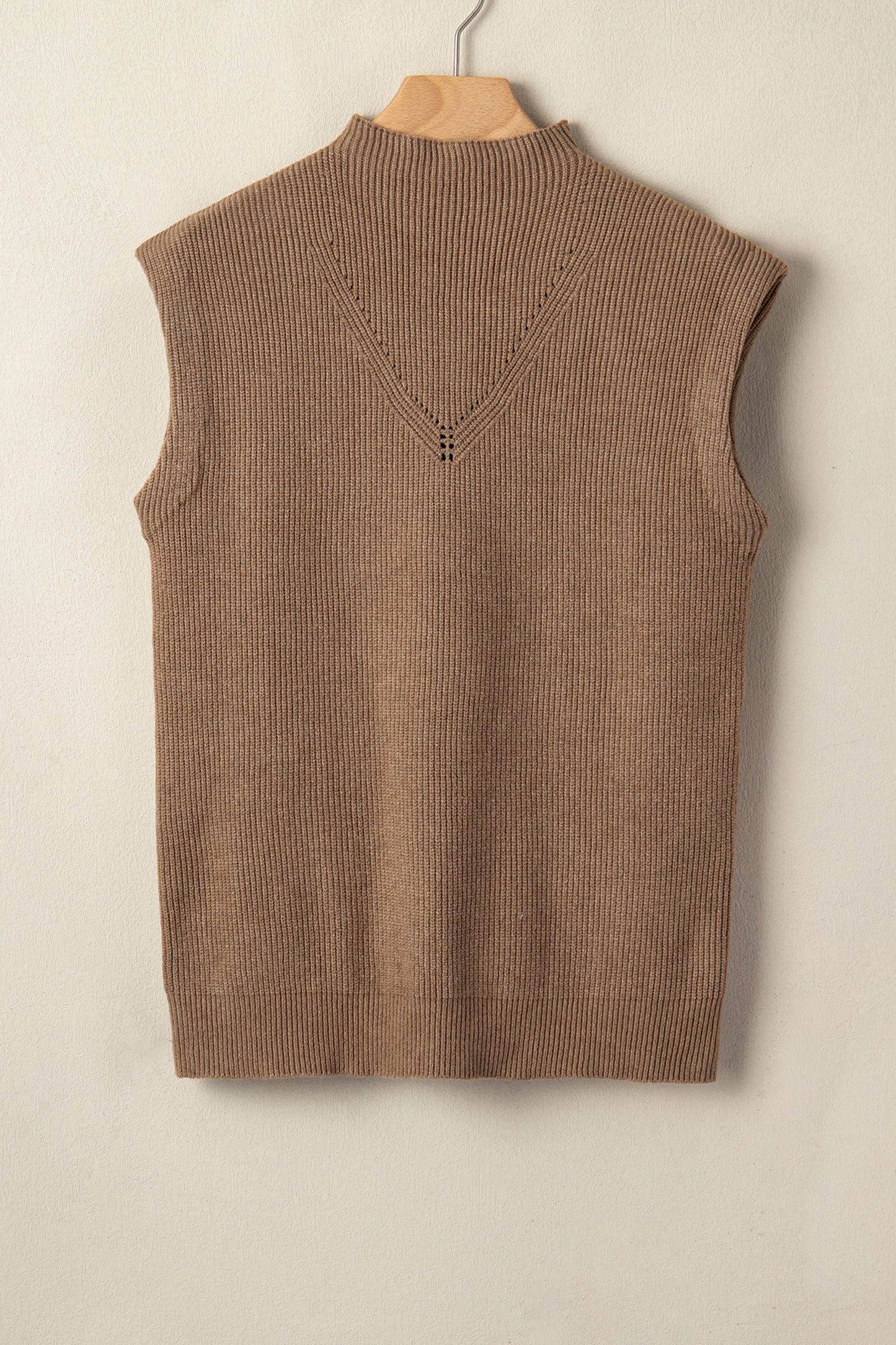 Light French Beige Solid Color Ribbed Knit Mock Neck Loose Sleeveless Sweater