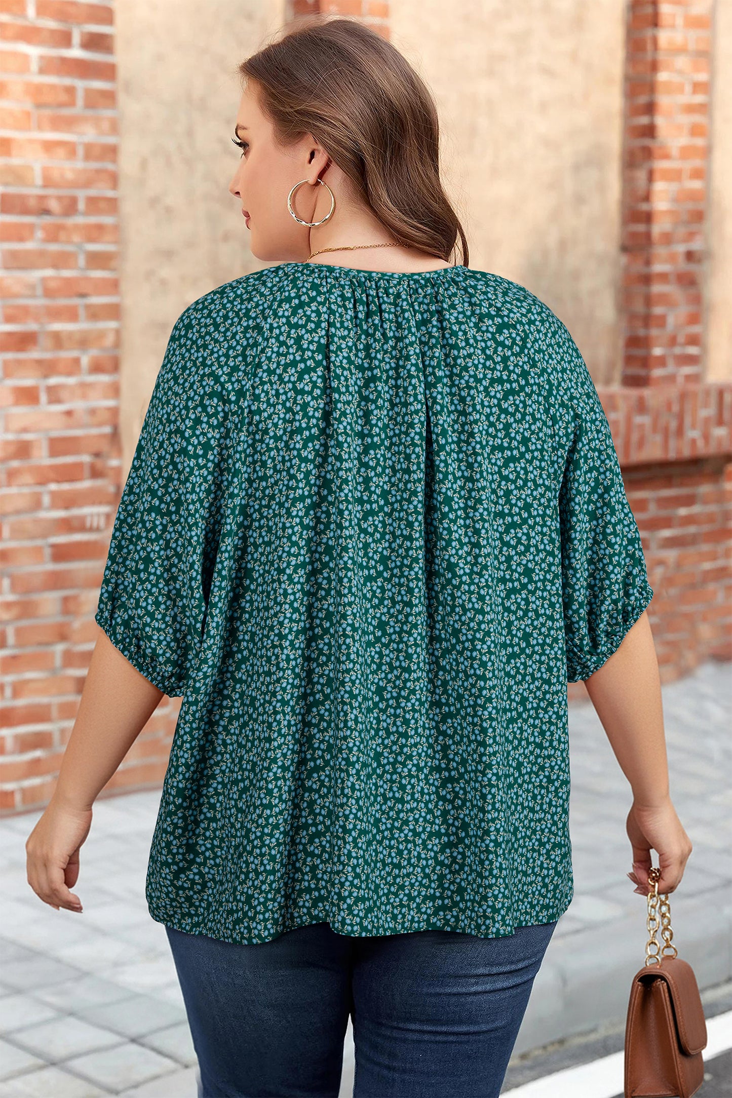 Black Boho Chic Notched V Neck Plus Floral Short Sleeve Top