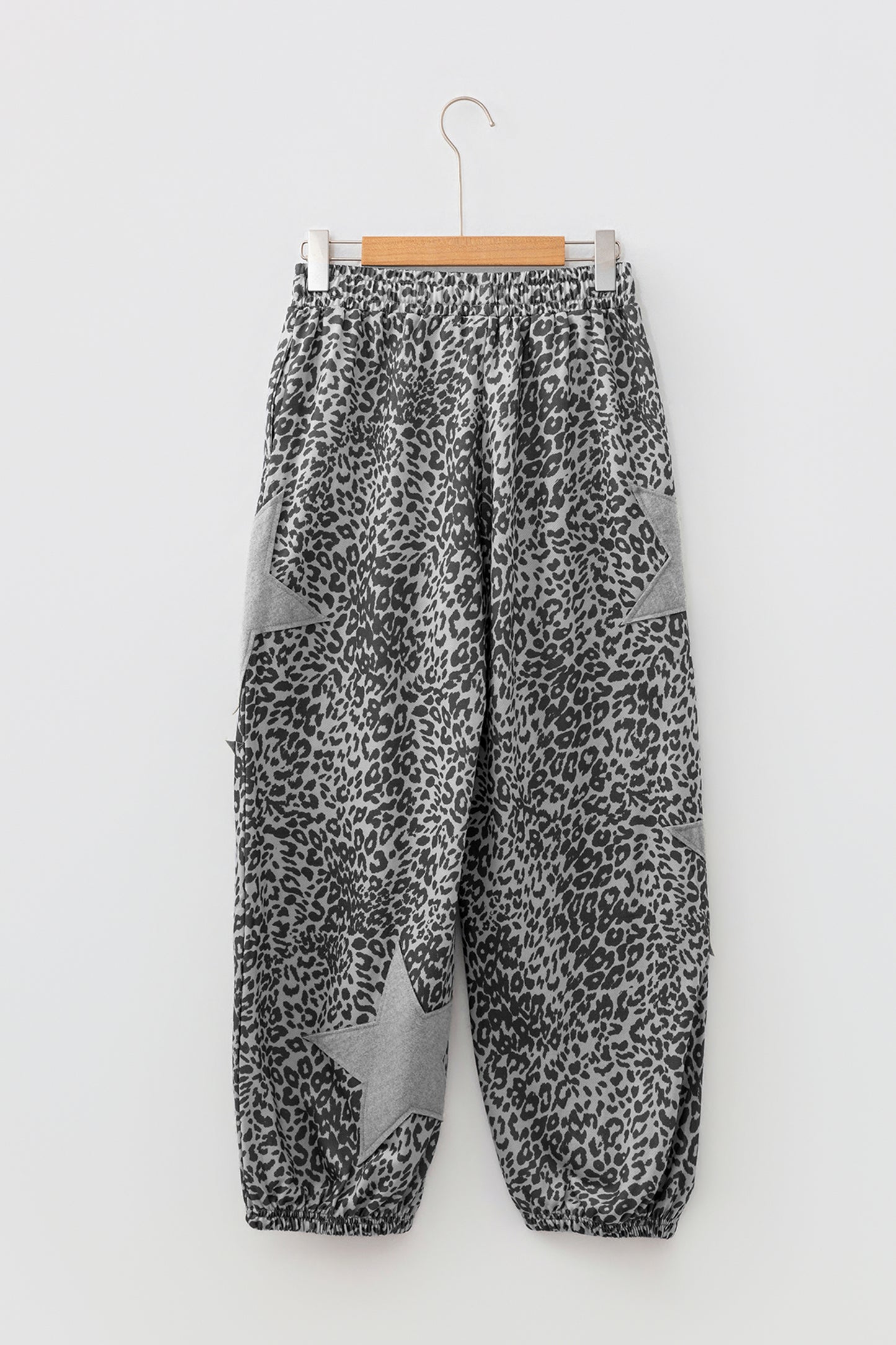Gray Leopard Print Star Patched Drawstring Elastic Waist Jogger Pants