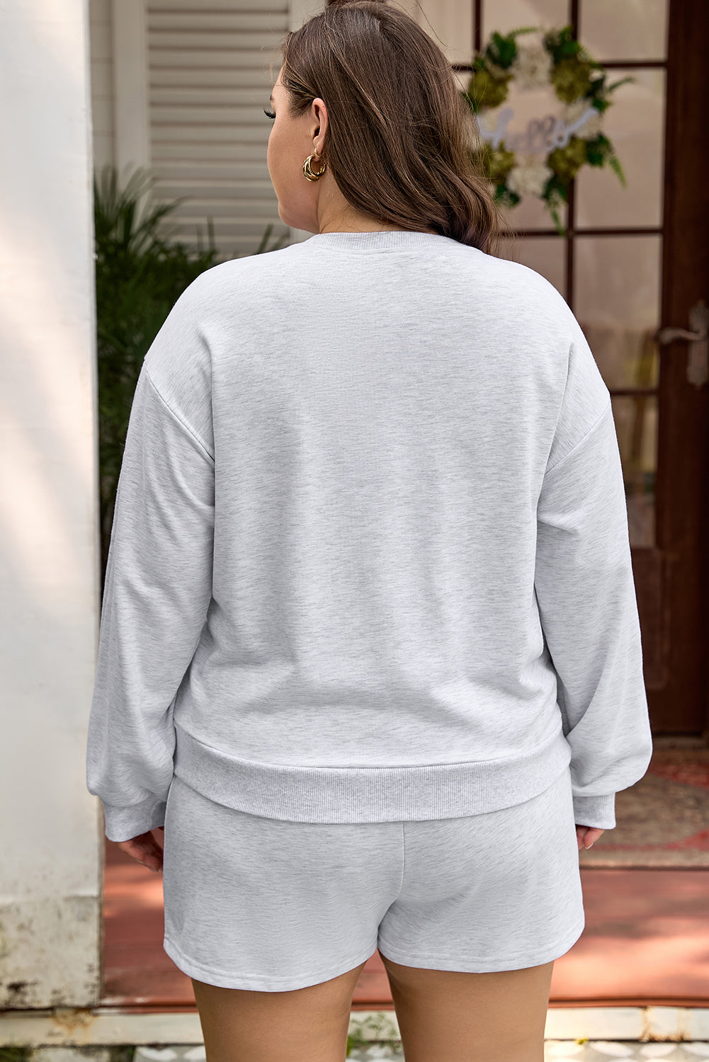 Light Grey Girly Bow Embroidered Puff Sleeve Pullover Loose Shorts Plus 2pcs Outfit