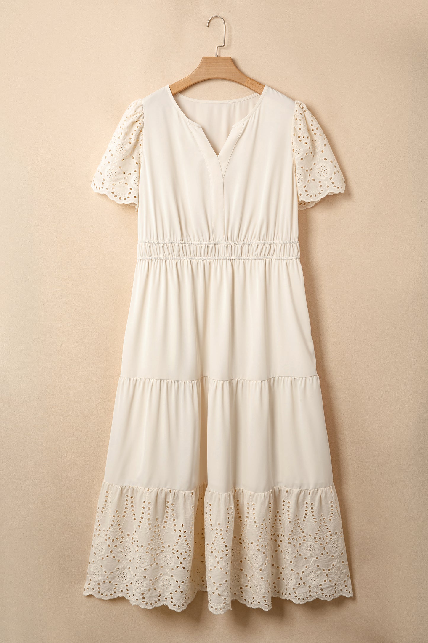 Apricot Plus Size V Neck Lacy Embroidery Patchwork Short Sleeve Maxi Dress