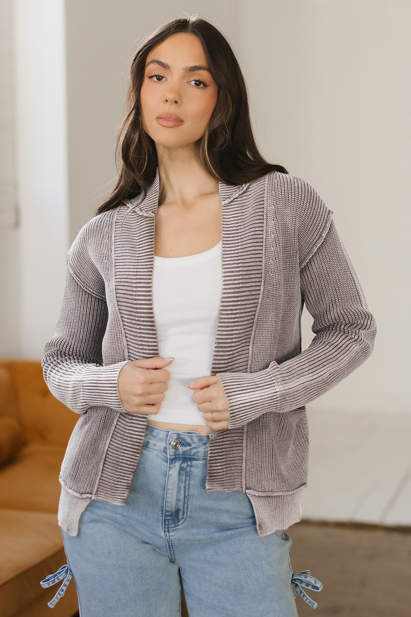 Evergreen Mineral Wash Exposed Seam Patchwork Knit Open Sweater Cardigan