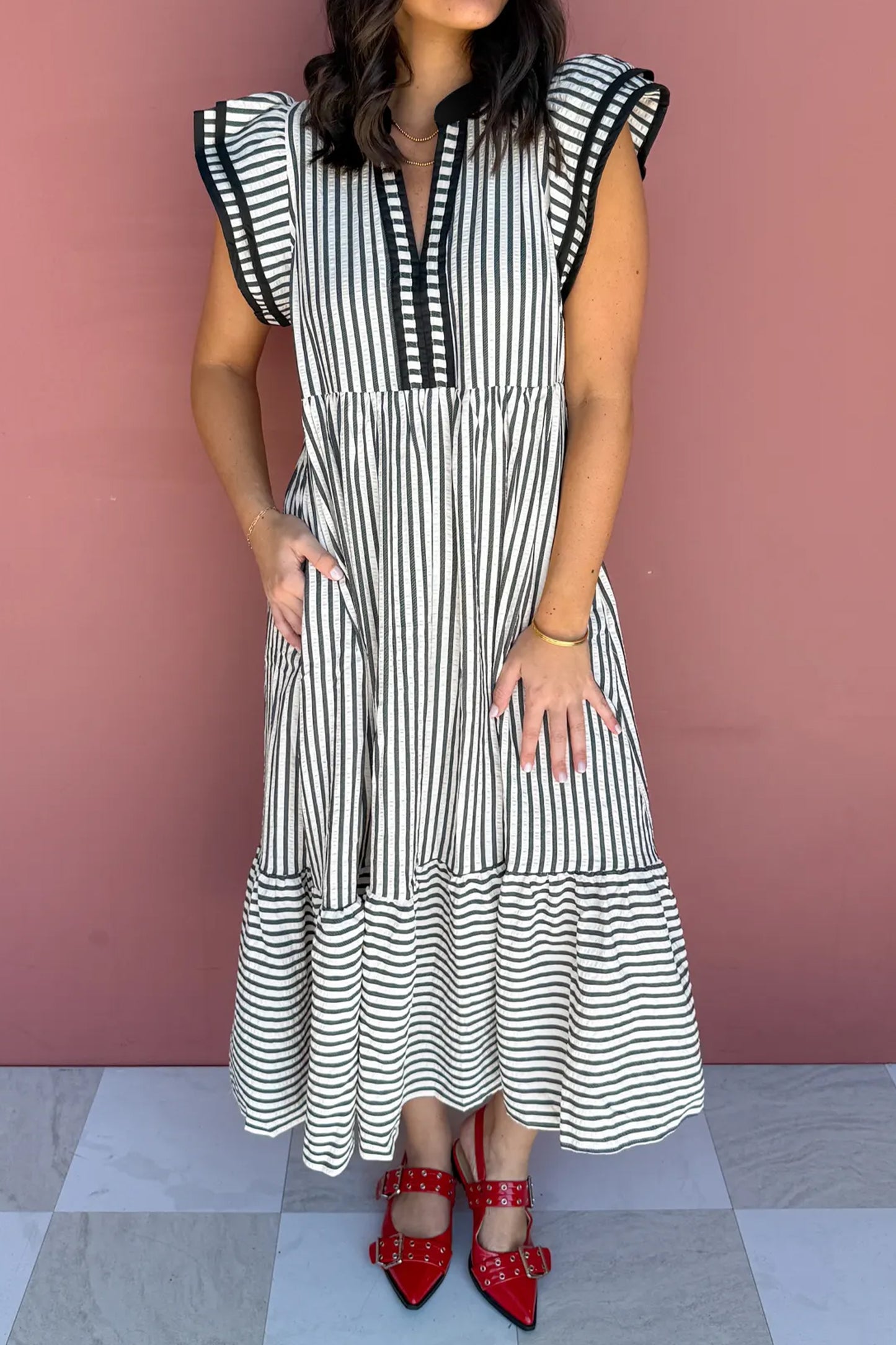 Brown Stripe Plus Size Slit V Neck Tiered Flutter Sleeve Maxi Dress
