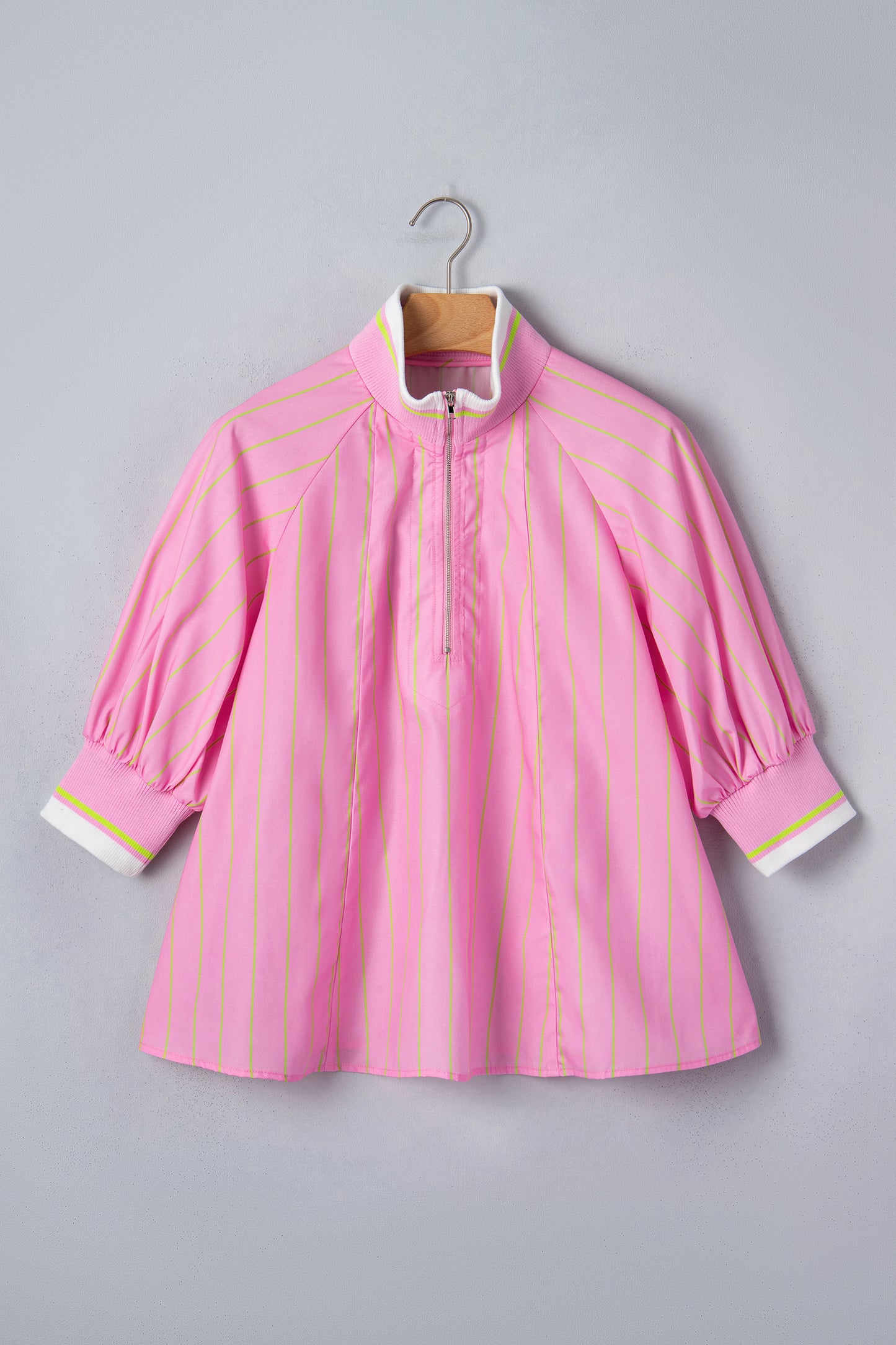 Pink Stripe Striped V-Neck Half Sleeve Zipper Ribbed Cuff Casual Shift Blouse
