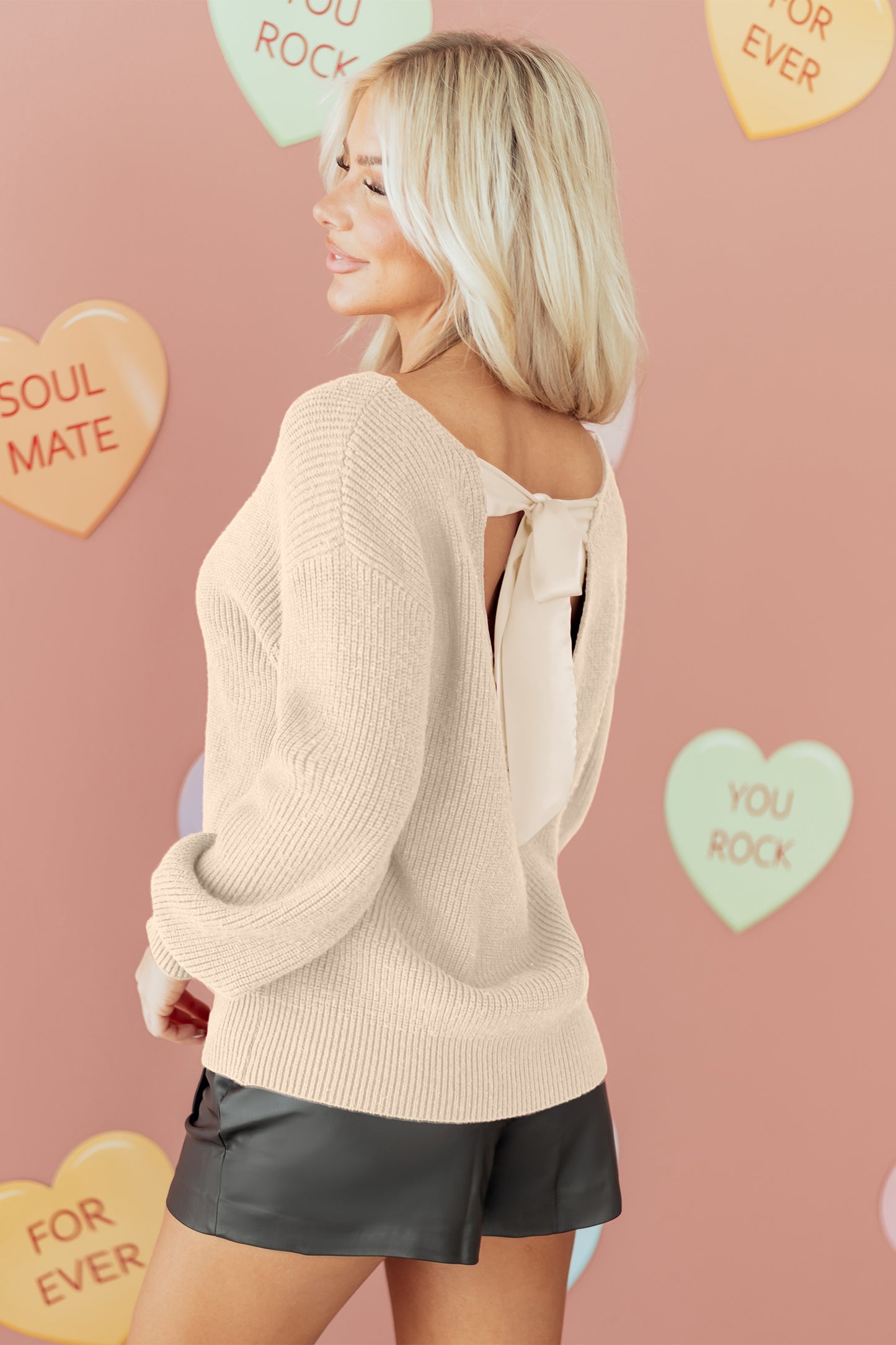 Black Ribbed Knit Ribbon Knot Backless Drop Shoulder Sweater