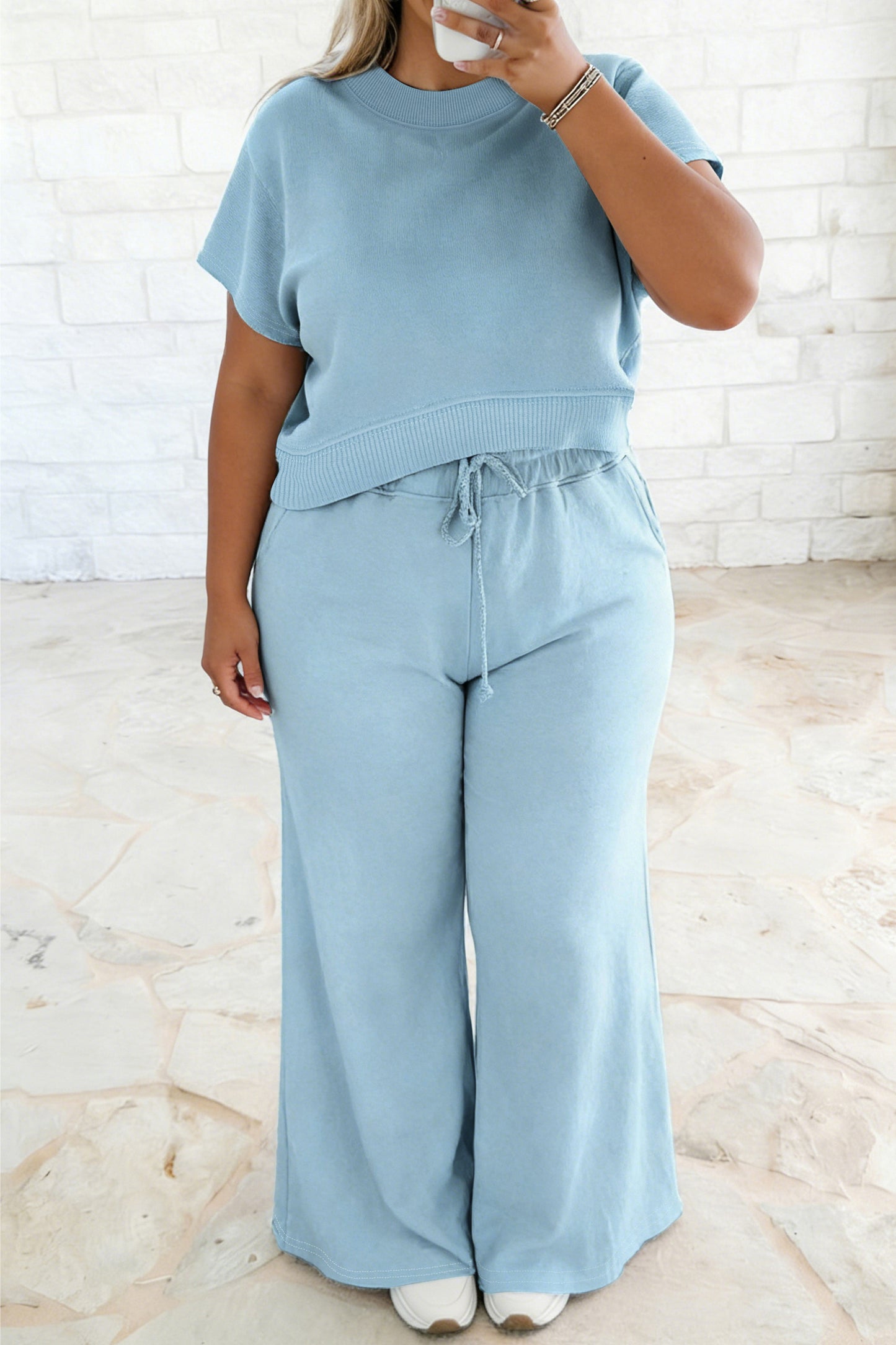 Clearly Aqua Solid Color Ribbed Trim Short Sleeve Top Drawstring Loose Pants 2pcs Outfit