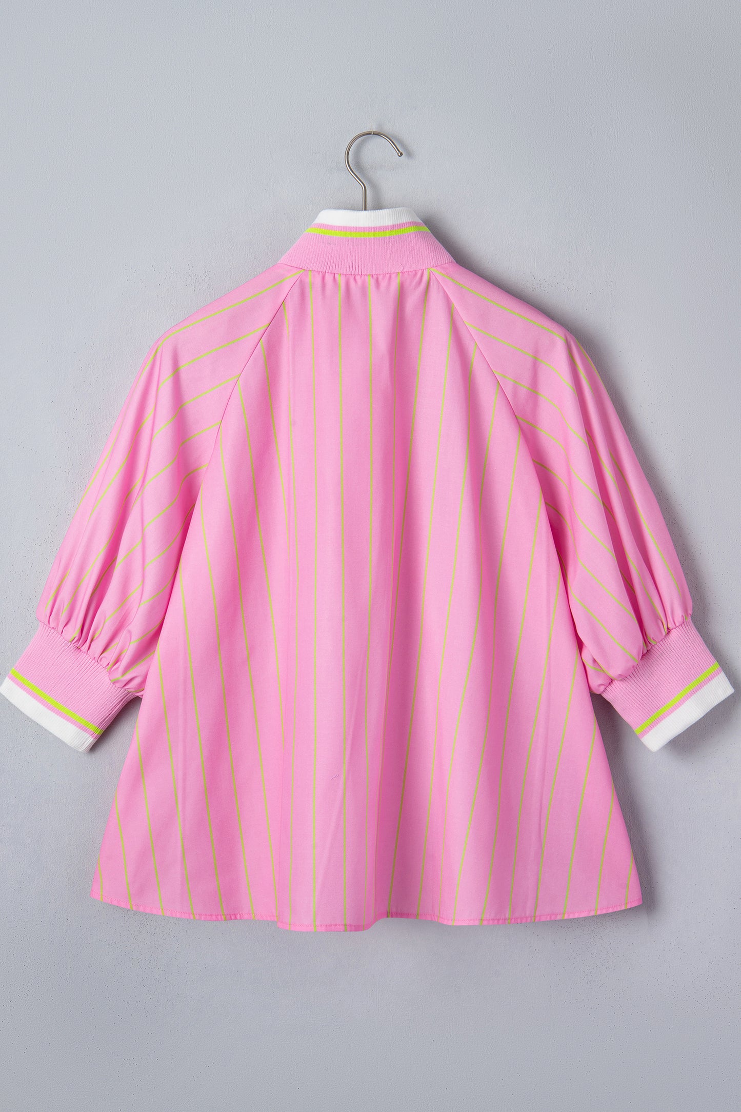 Pink Stripe Striped V-Neck Half Sleeve Zipper Ribbed Cuff Casual Shift Blouse