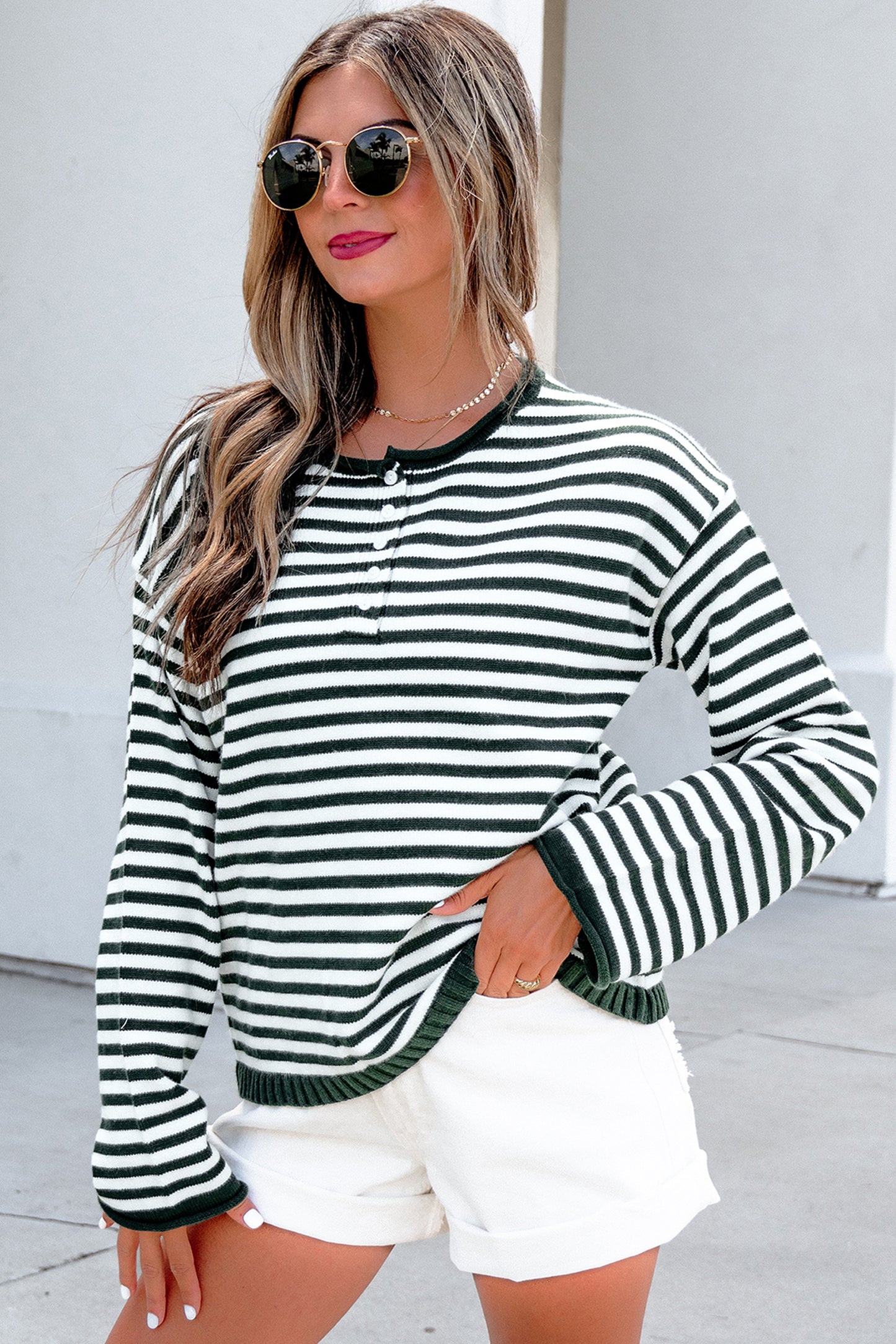 Pink Stripe Striped Button Placket Drop Shoulder Long Sleeve Sweater