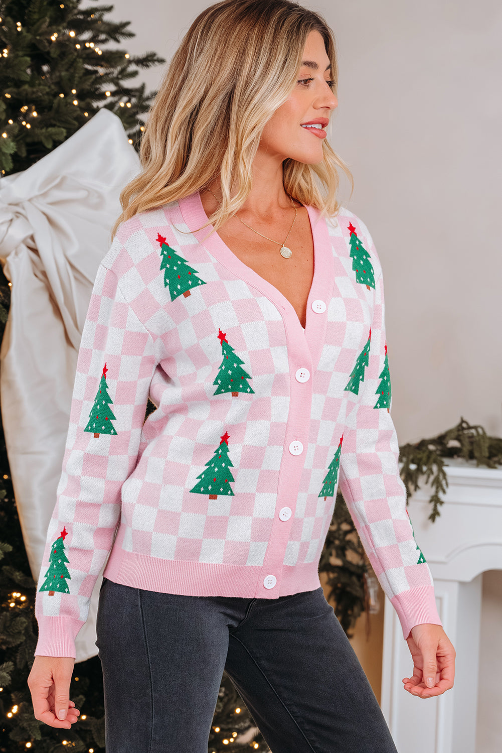 Red Checkered Christmas Tree Pattern Button V Neck Cardigan Sweater