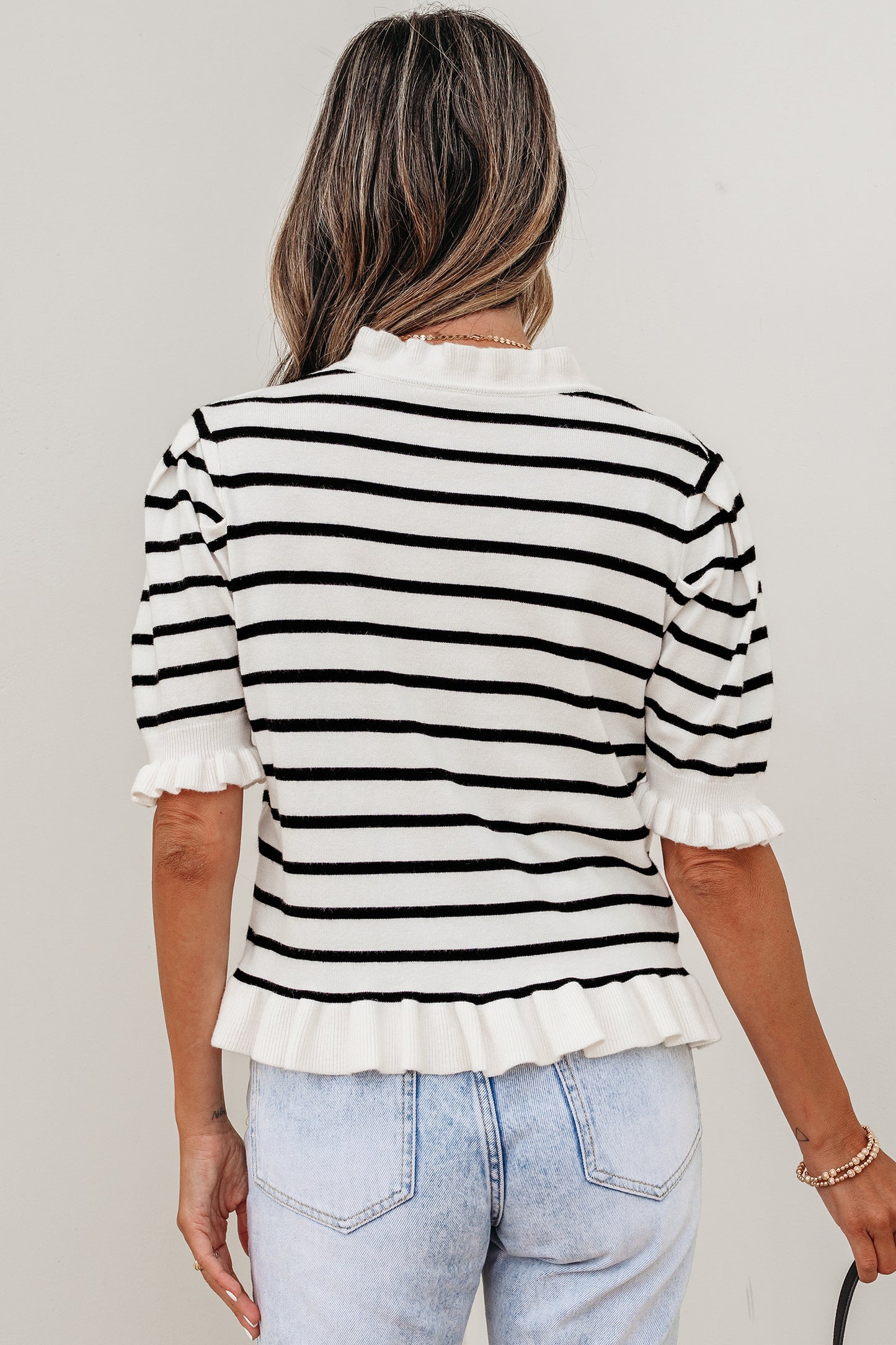 Beige Stripe Ruffle Trim Button Down Knit Short Sleeve Sweater Cardigan