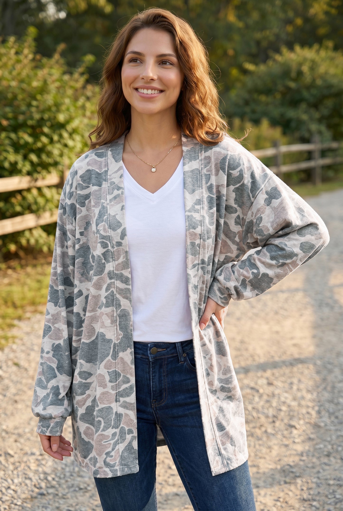 Multicolour Camouflage Print Long Sleeve Open Front Tunic Cardigan