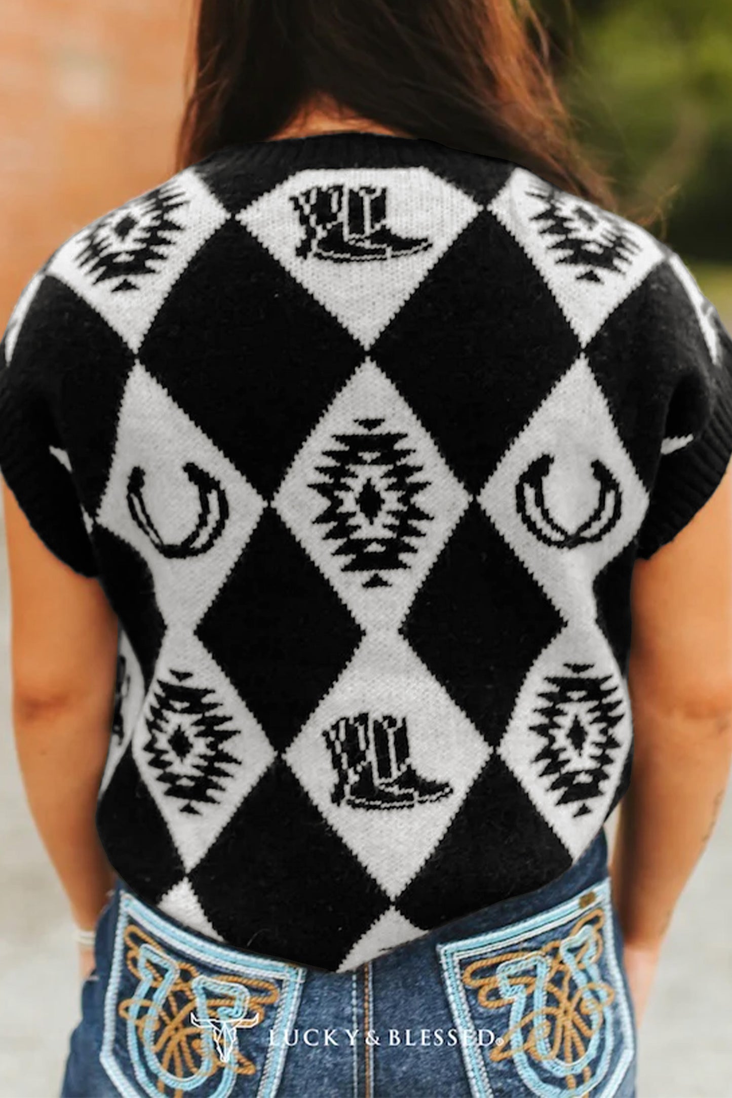 Black Retro Rhombus Western Print Drop Shoulder Short Sleeve Sweater