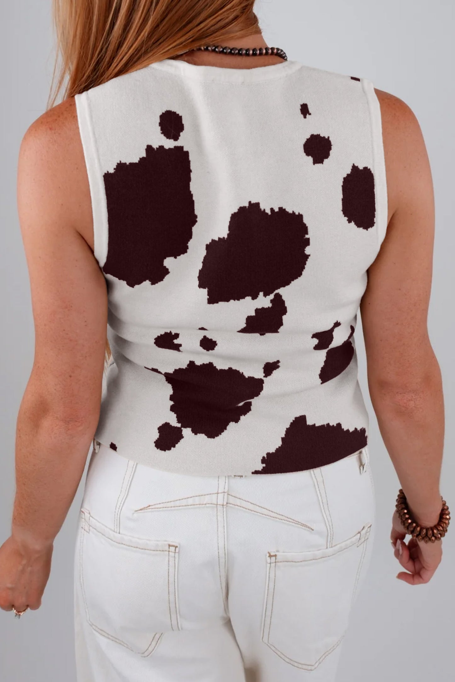 White Western Cow Spots Button Down Sweater Vest