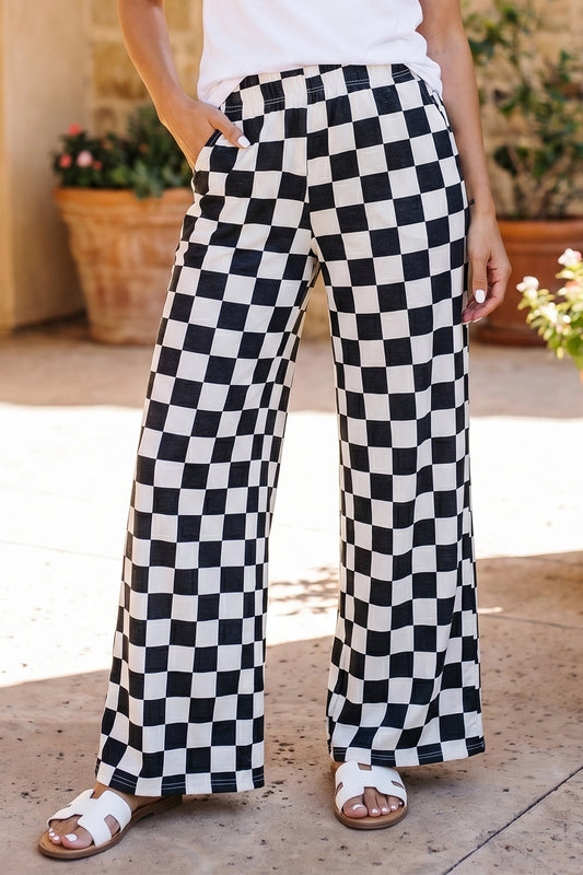 Black 2-Tone Checked Print High Waist Wide Leg Pants