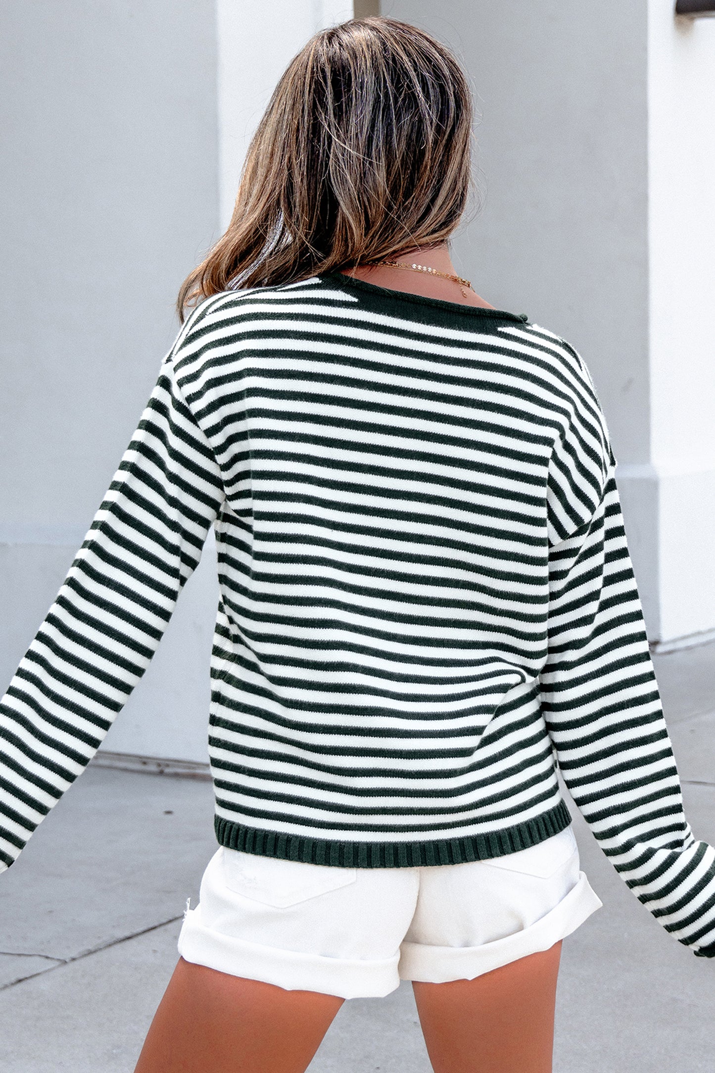 Pink Stripe Striped Button Placket Drop Shoulder Long Sleeve Sweater