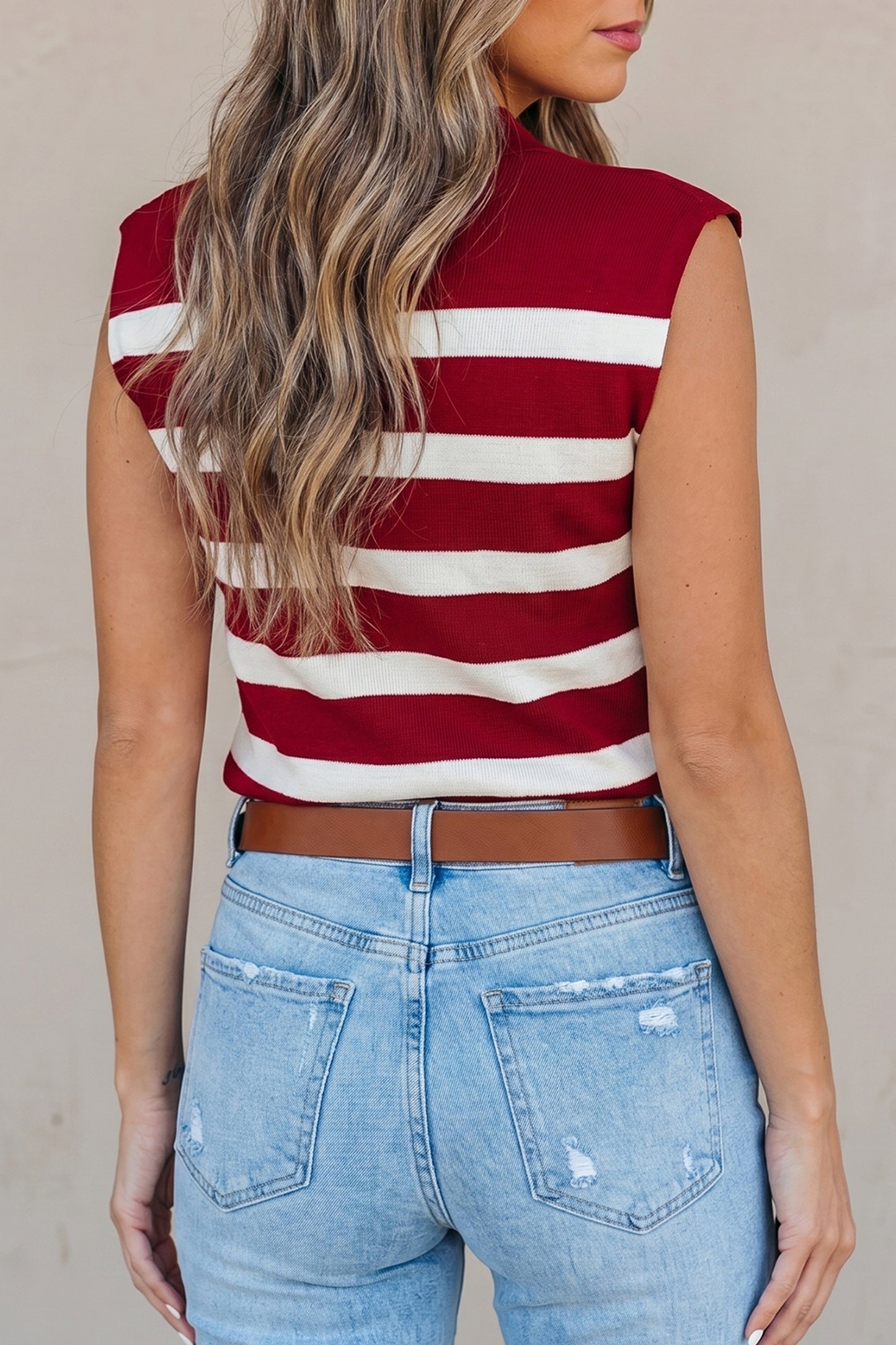 Red Stripe Collared Split Neck Sweater Vest