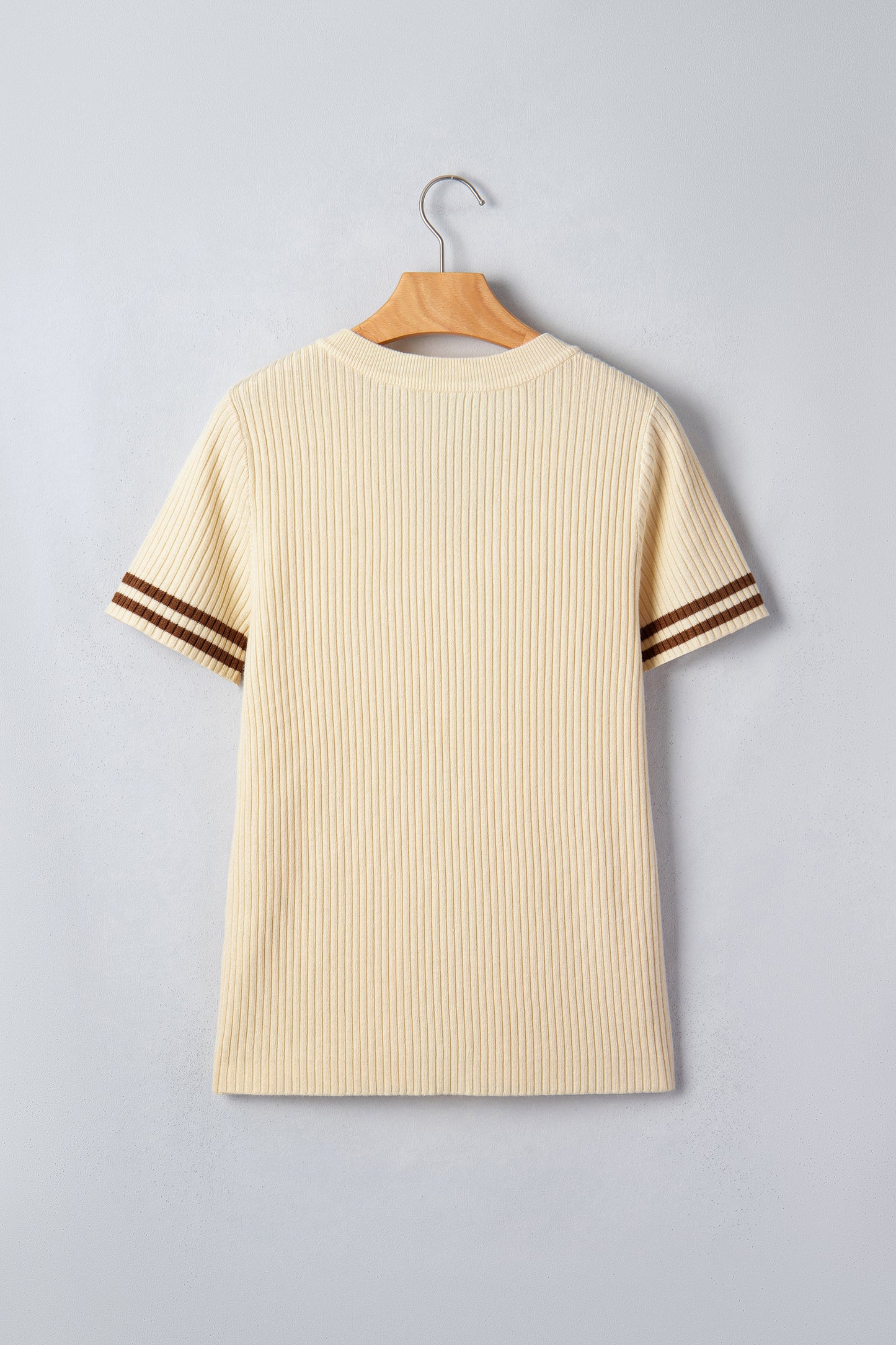 Apricot V Neck Ribbed Knit Striped Trim Short Sleeve Sweater