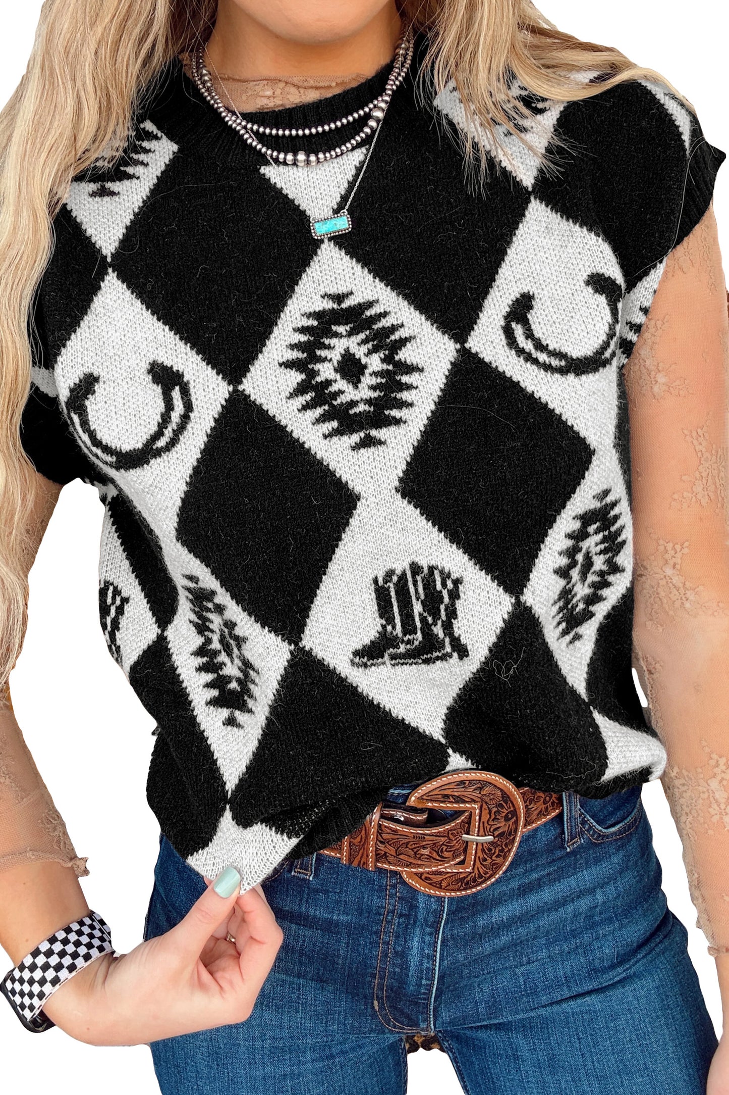 Black Retro Rhombus Western Print Drop Shoulder Short Sleeve Sweater