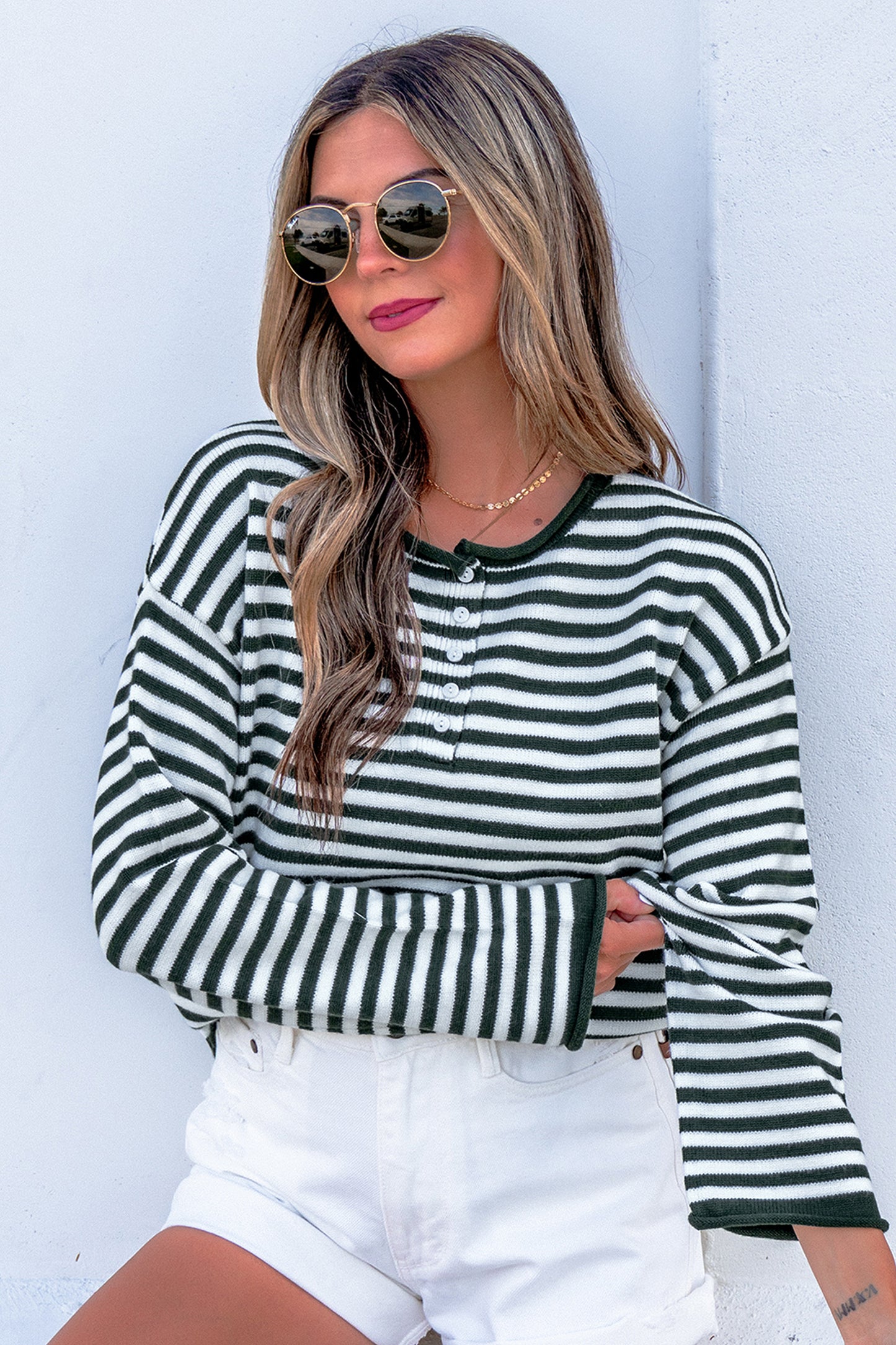 Pink Stripe Striped Button Placket Drop Shoulder Long Sleeve Sweater
