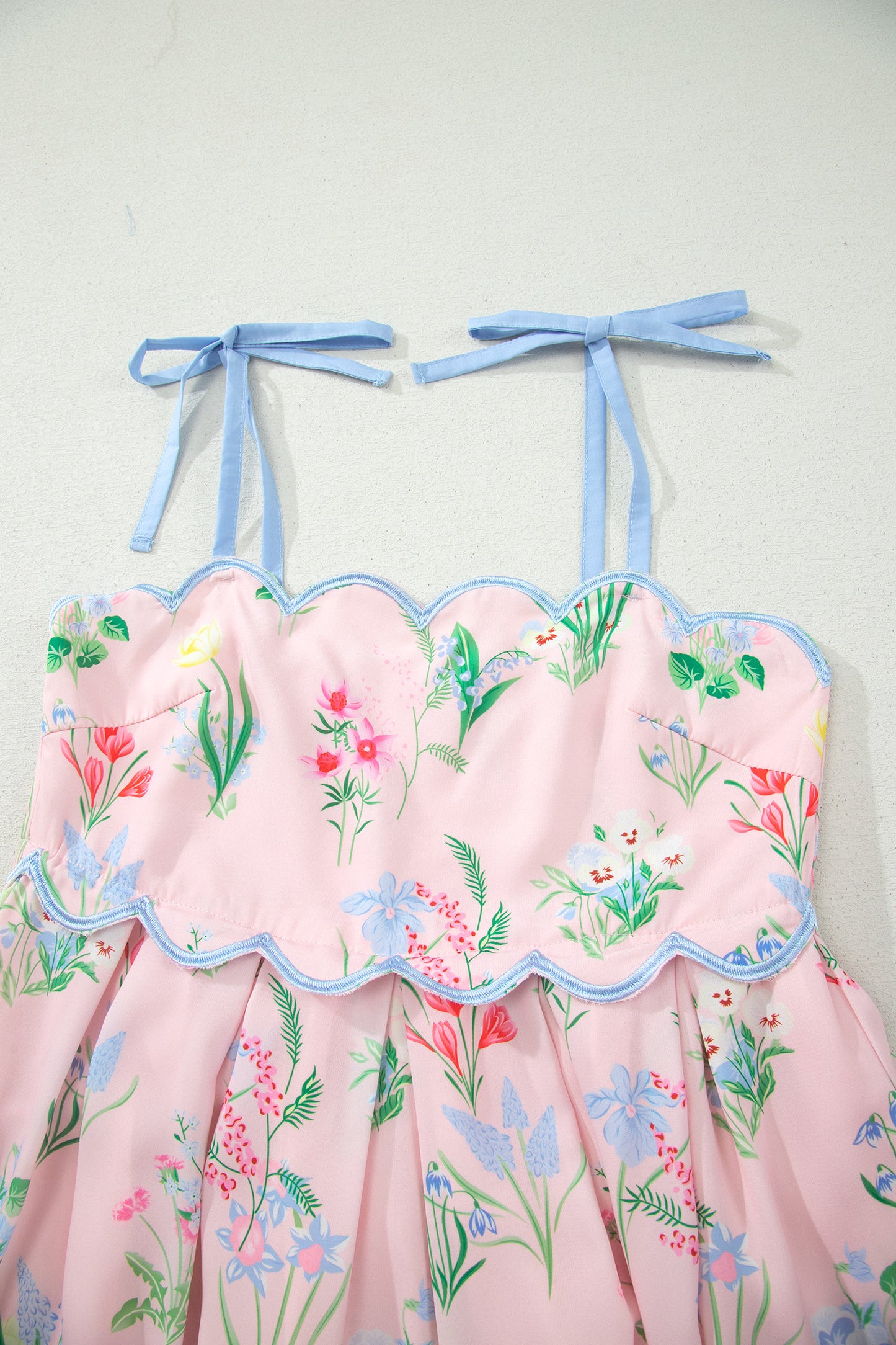 Pink Floral Print Contrast Trim Self-tie Straps High Waist Midi Dress