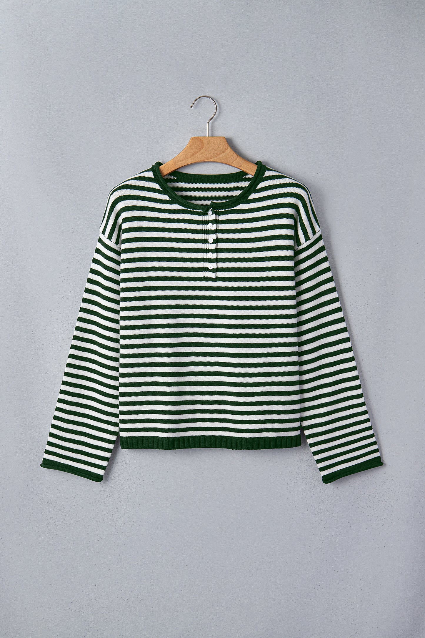 Pink Stripe Striped Button Placket Drop Shoulder Long Sleeve Sweater