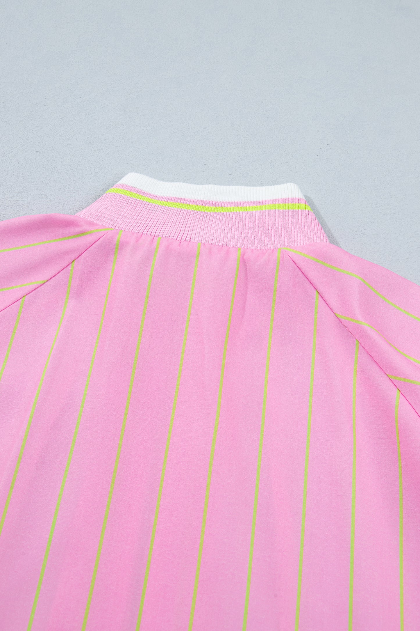 Pink Stripe Striped V-Neck Half Sleeve Zipper Ribbed Cuff Casual Shift Blouse