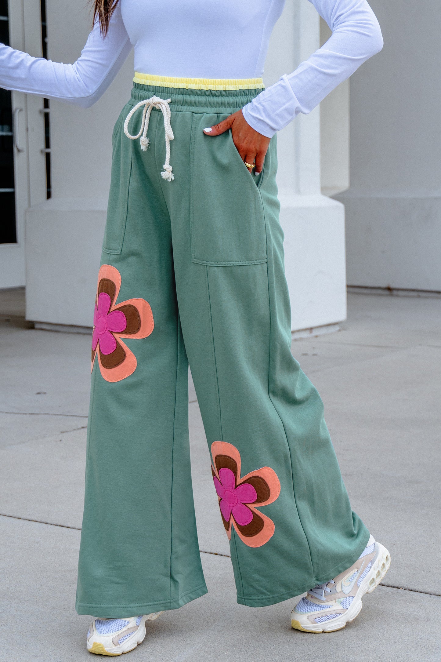 Sky Blue Color Block Flower Patchwork Drawstring Contrasted Elastic Waist Wide Leg Pants