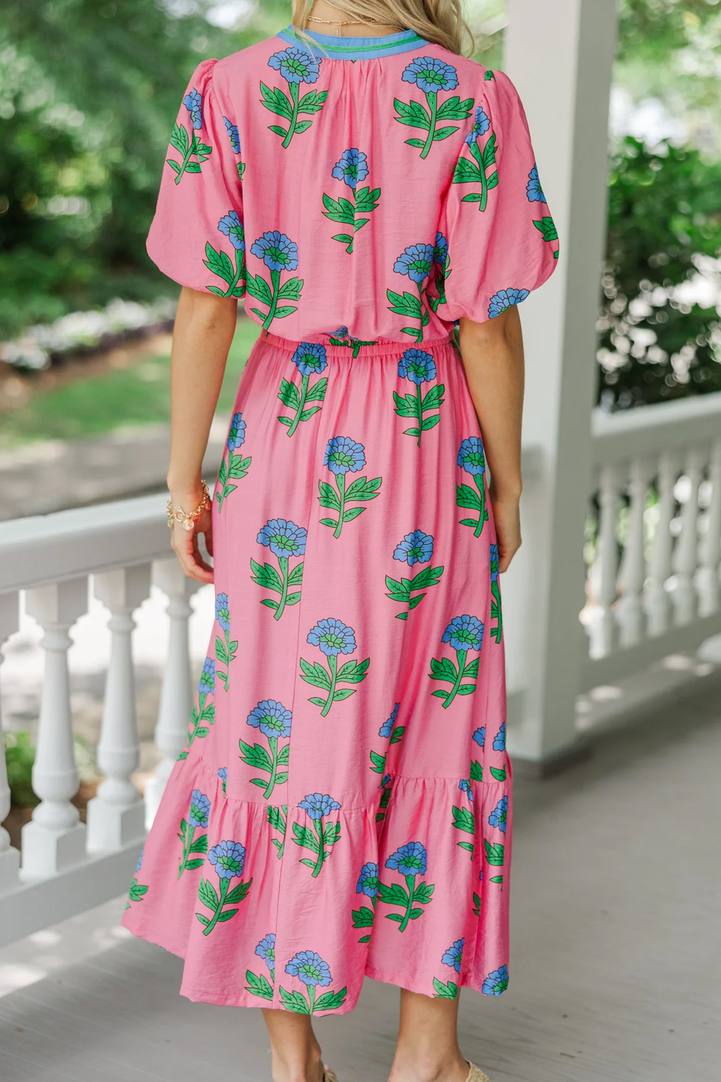 Pink Plus Size Striped V Neck Ruffled Floral Long Dress