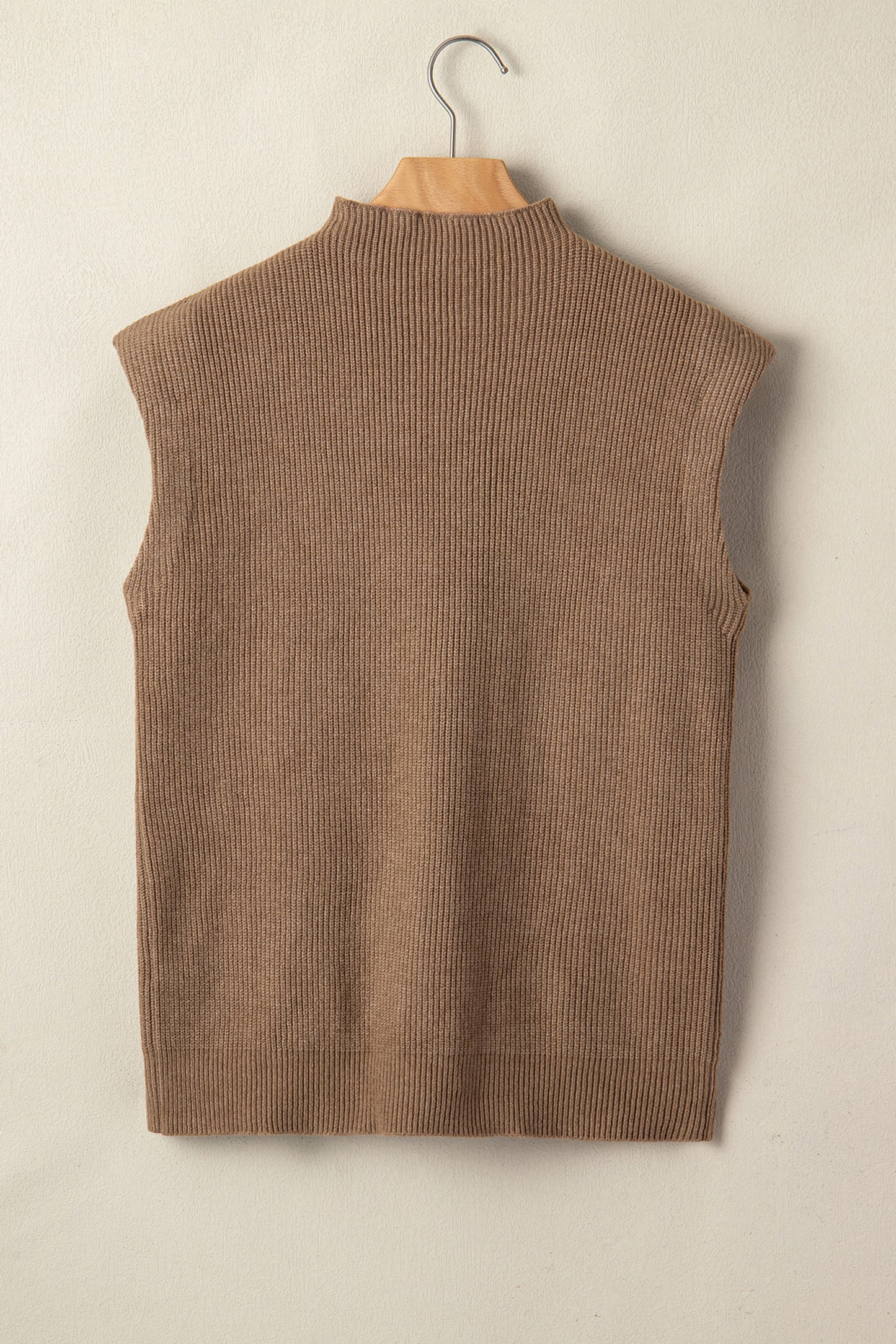 Light French Beige Solid Color Ribbed Knit Mock Neck Loose Sleeveless Sweater