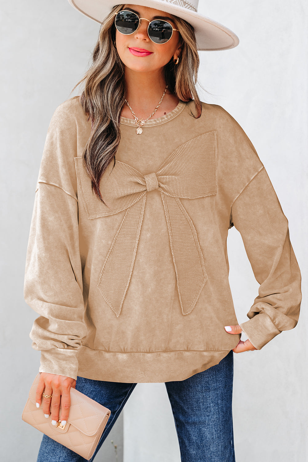 Bright Pink Mineral Wash Big Bow Patchwork Pullover Sweatshirt