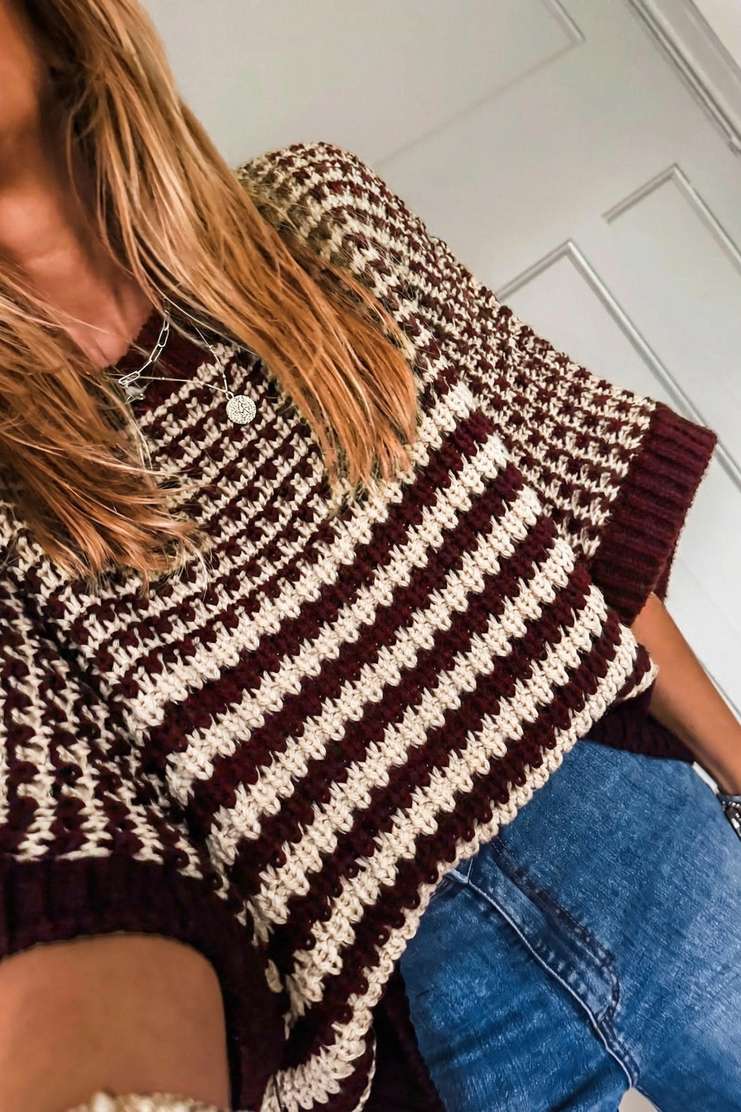 Red Stripe 3/4 Draped Sleeve Slouchy Sweater