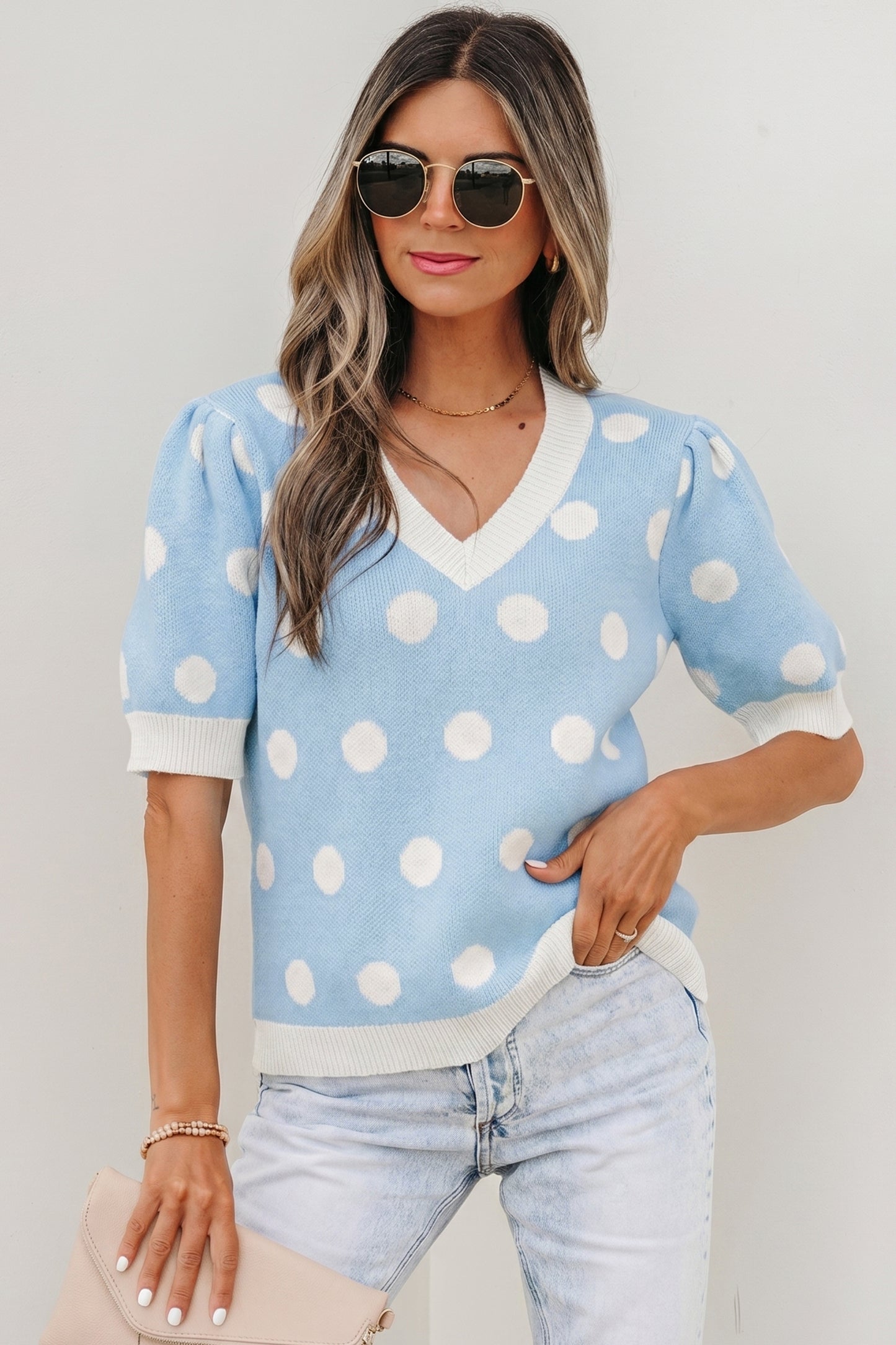 Pink Polka Dot Puff Short Sleeve Sweater Top