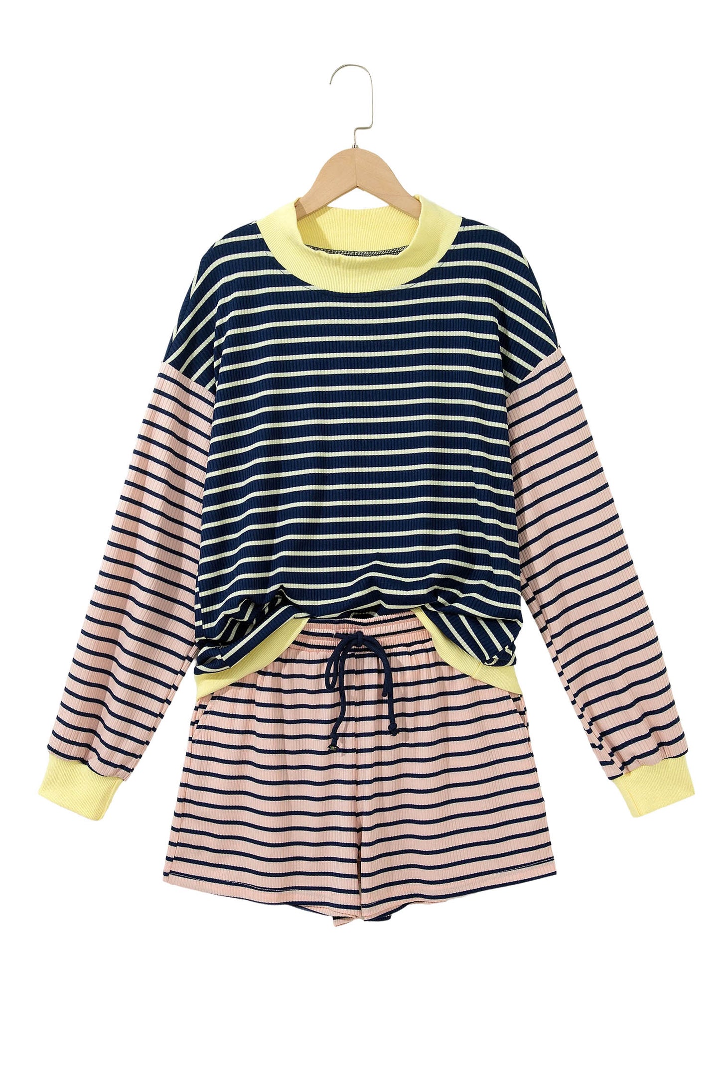 Blue Stripe Color Block Long Sleeve Pullover Ribbed Knit Casual Shorts Set
