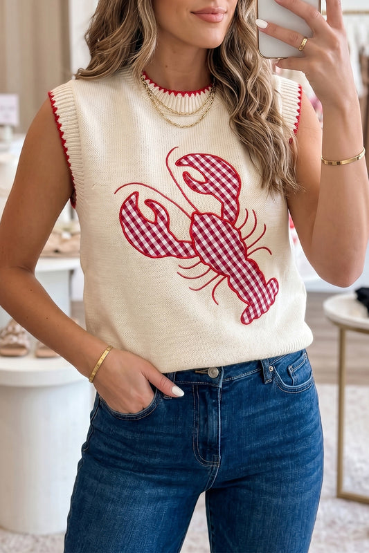 Beige Plaid Crawfish Crew Neck Knit Sweater Vest