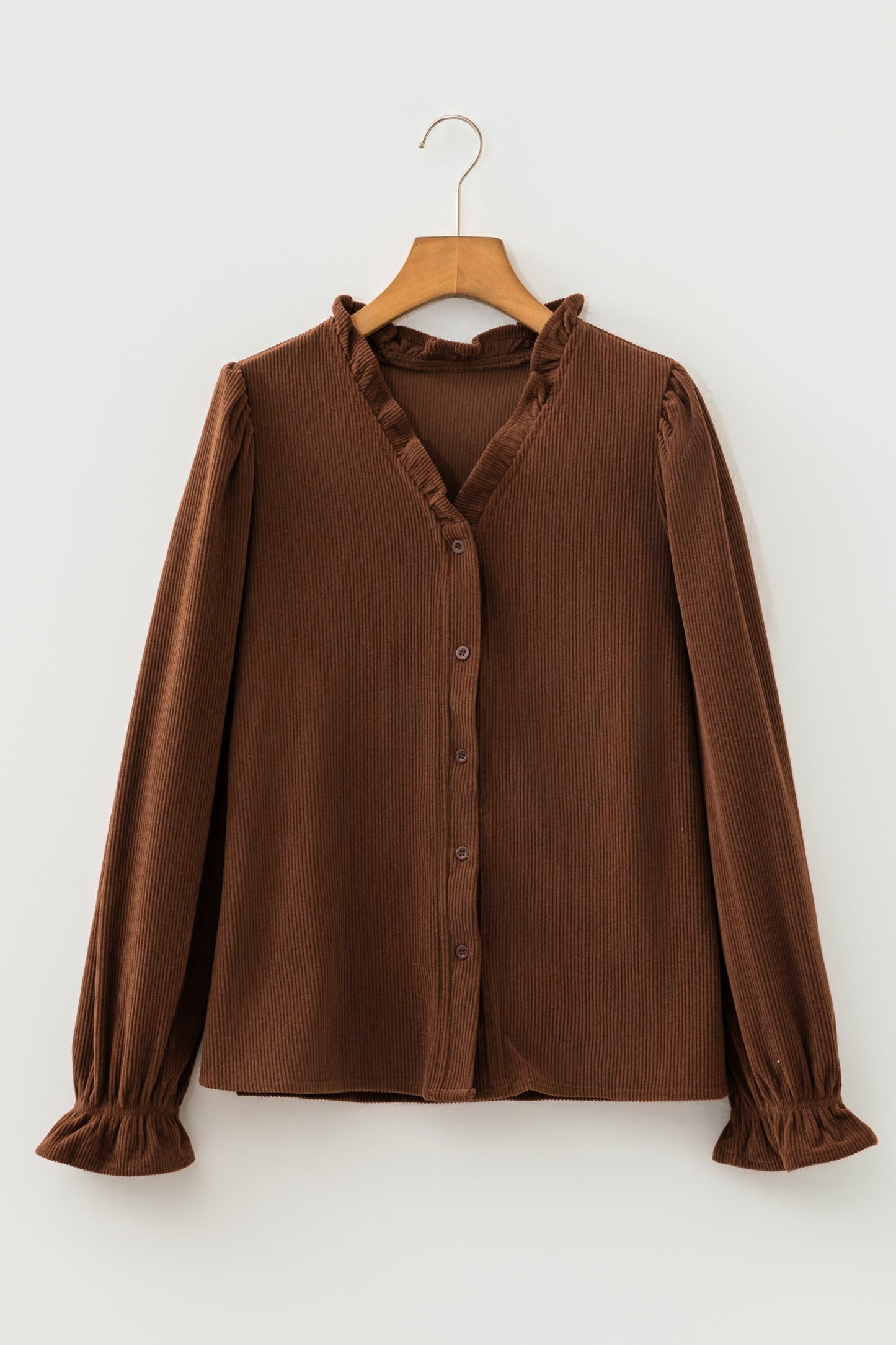 Coffee Solid Color Ruffle Trim V Neck Long Sleeve Button Corduroy Shakcet
