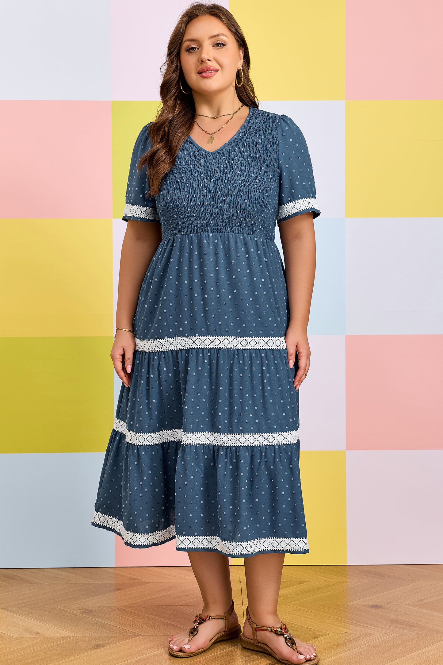 Dusk Blue Plus Size V Neck Swiss Dot Lace Patchwork Detail Flared Midi Dress