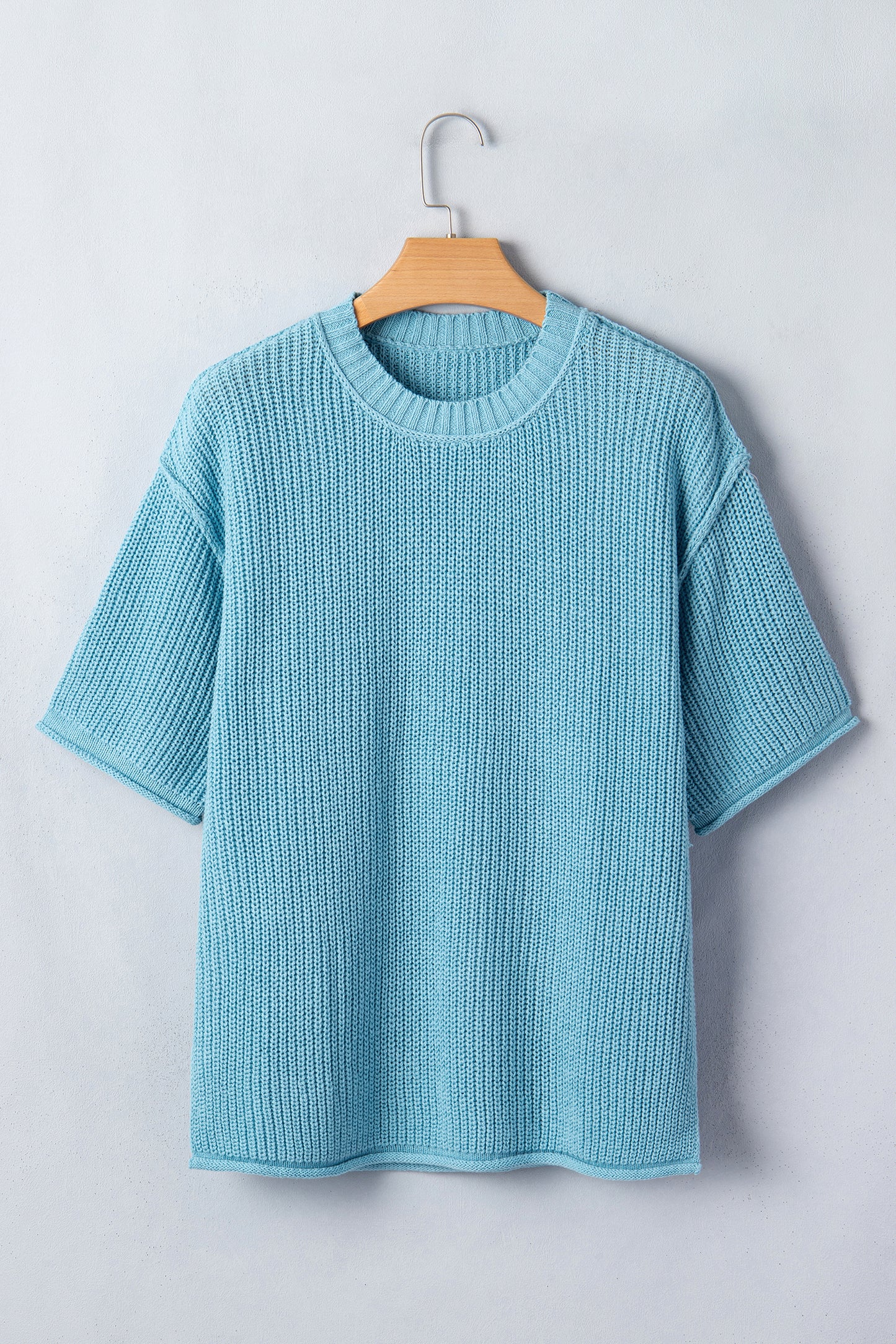 Mist Blue Exposed Seam Detail Half Sleeve Loose Sweater