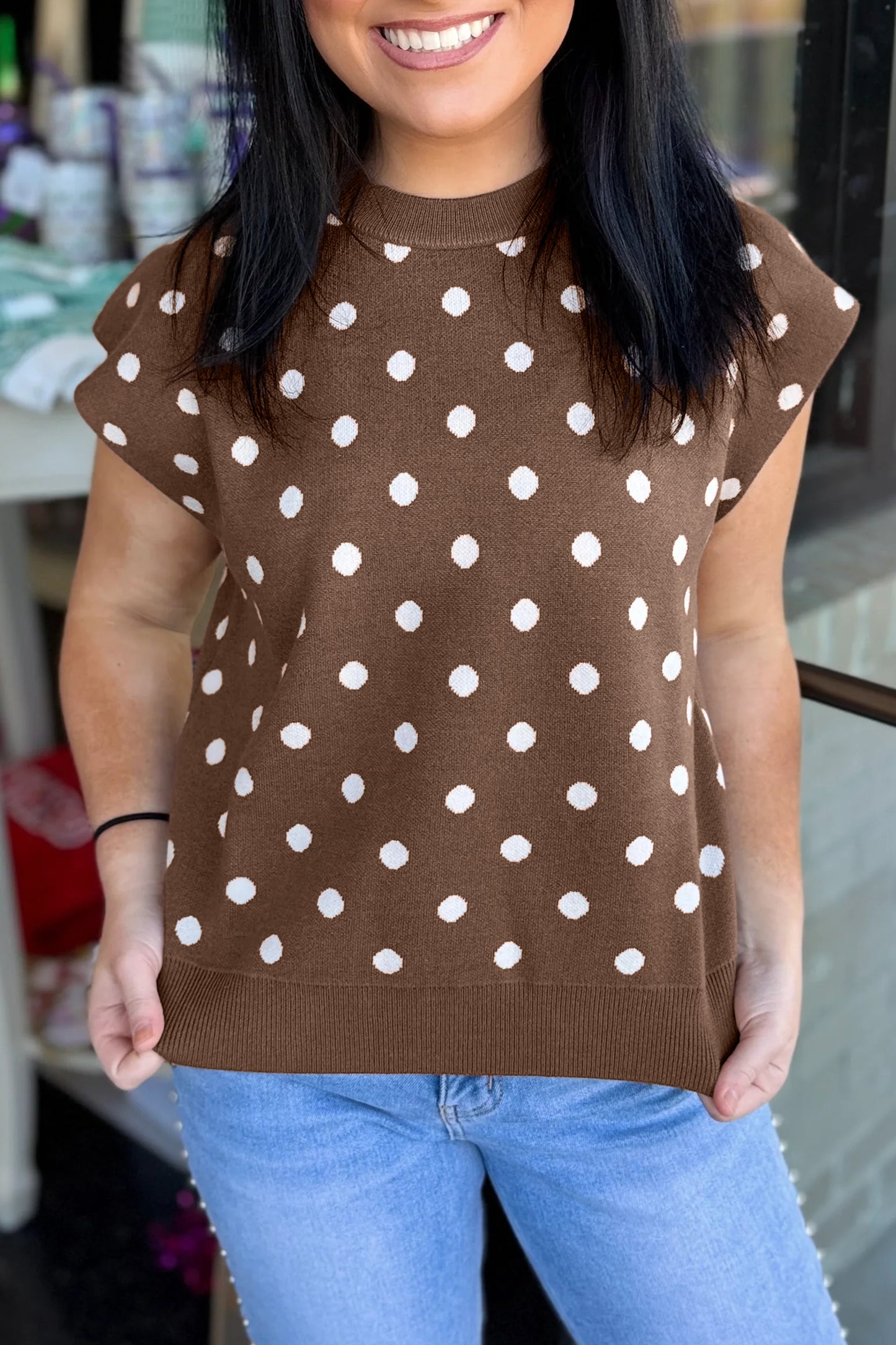 Brown Dolman Short Sleeve Round Neck Polka Dot Sweater