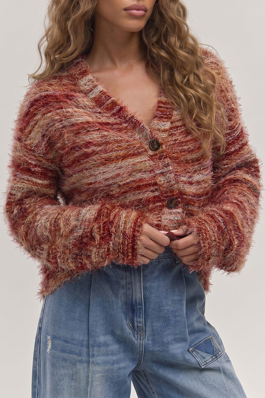 Tawny Fuzzy Striped Button Front Cardigan Sweater