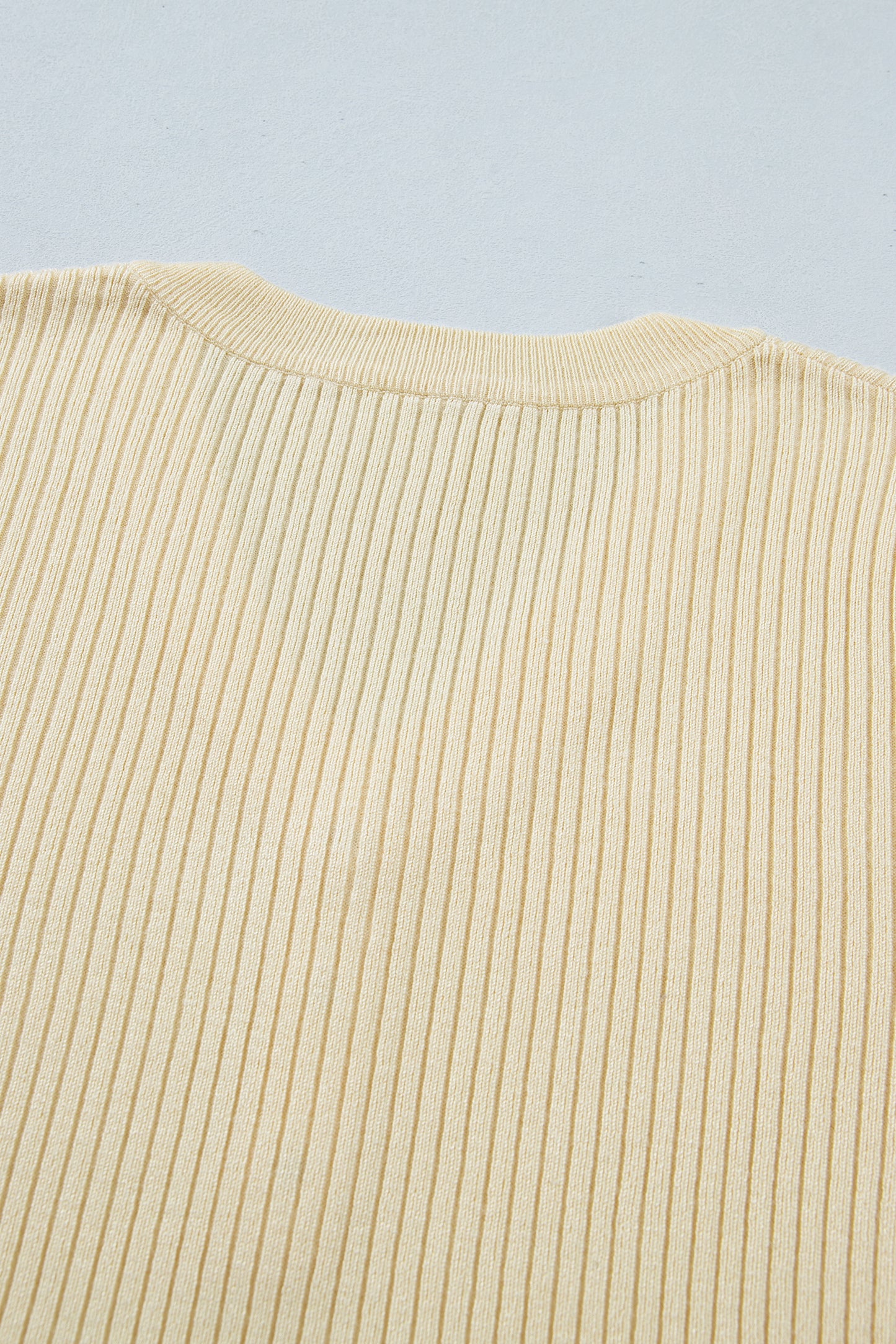 Apricot V Neck Ribbed Knit Striped Trim Short Sleeve Sweater